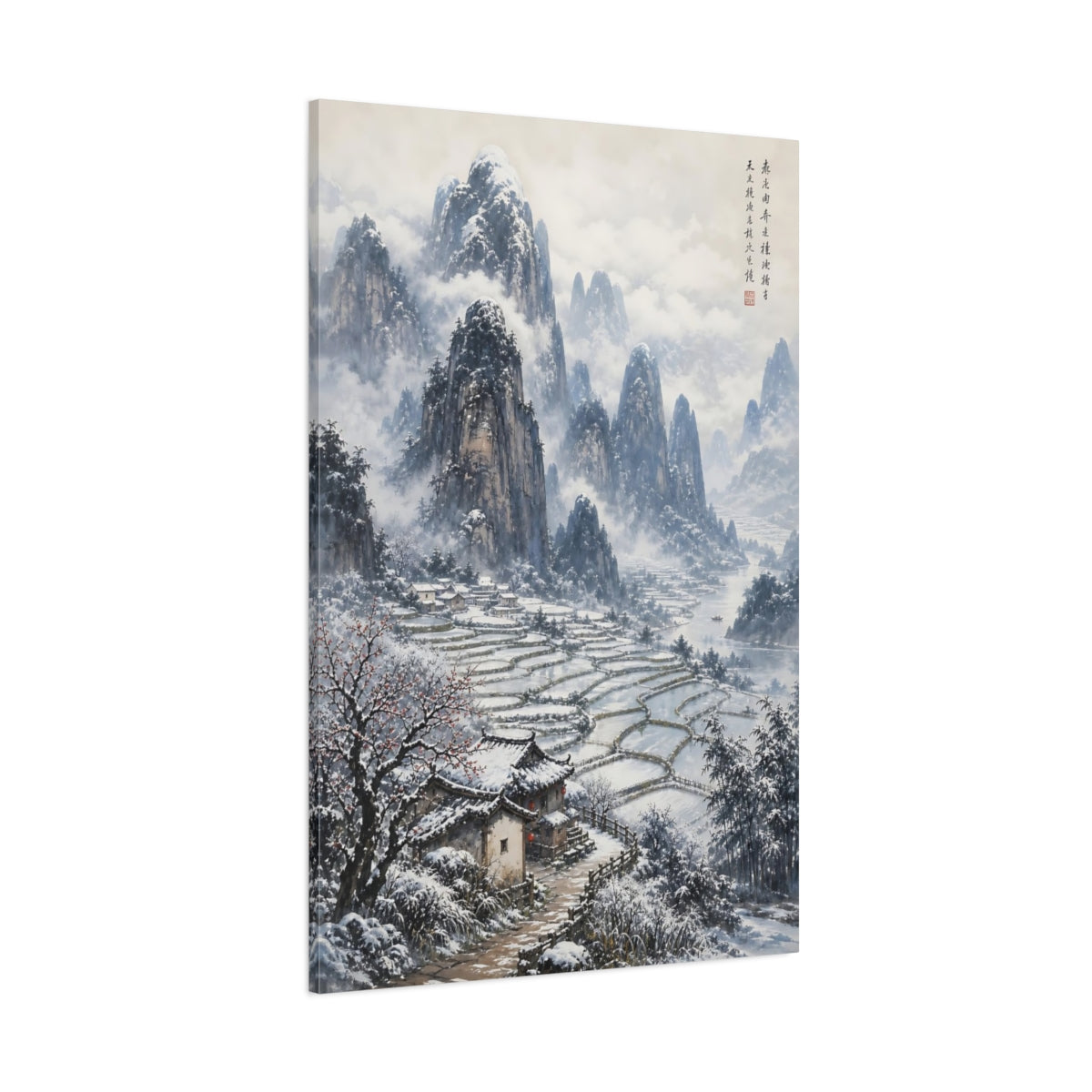 Side Mockup 1. Nature Winter Landscape Snowy Asian Landscape shown as stretched canvas wall art