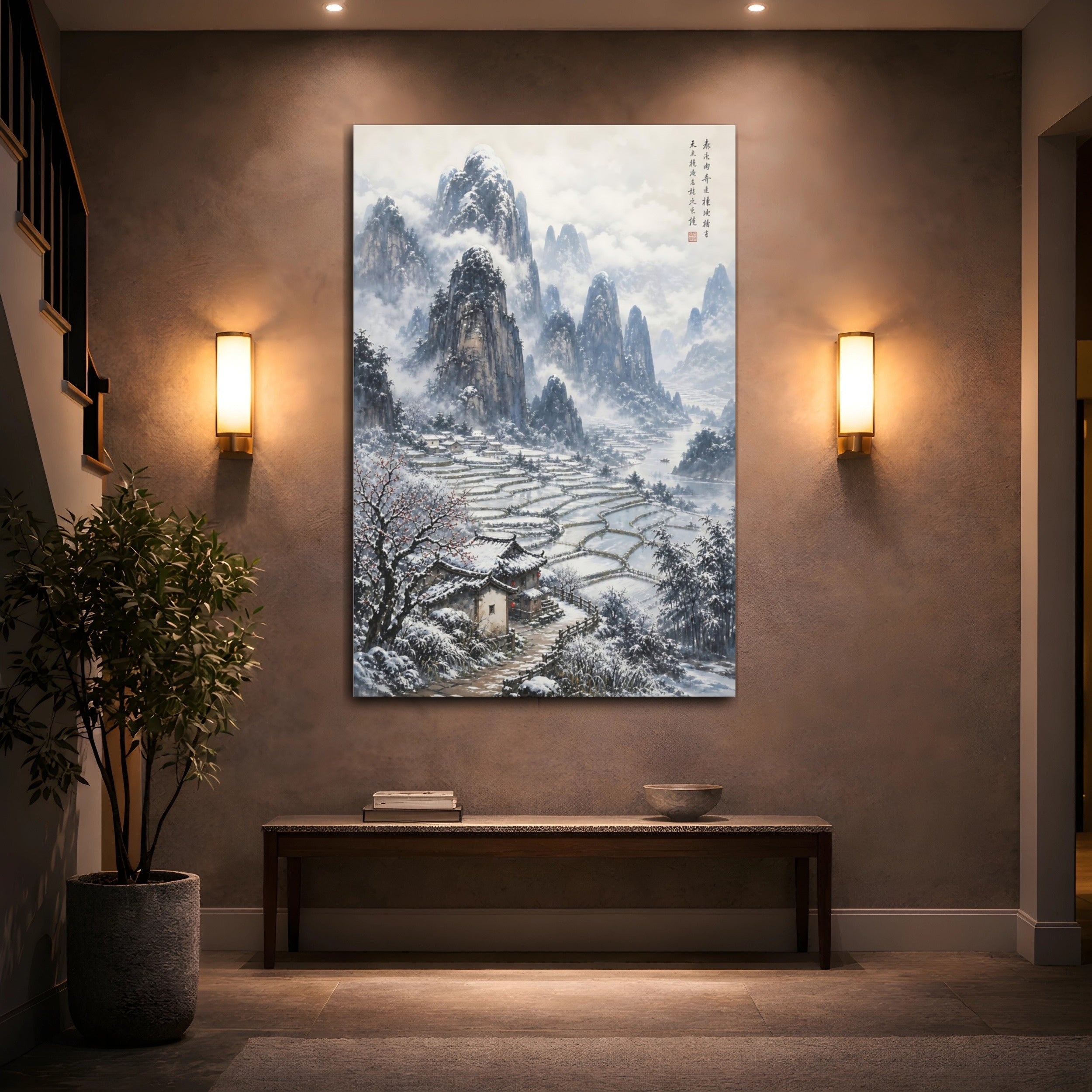 Mockup 2. Nature Winter Landscape Snowy Asian Landscape shown as stretched canvas wall art