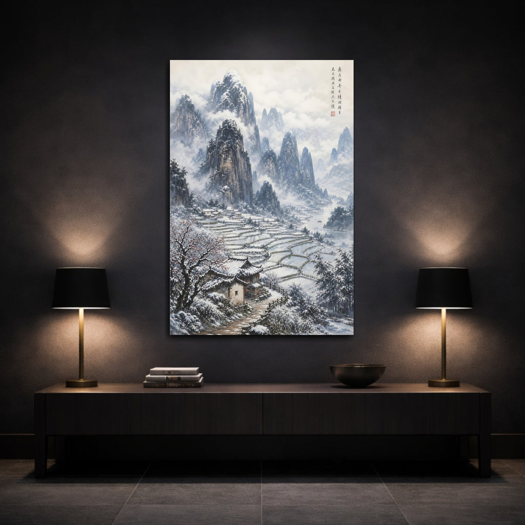 Mockup 3. Nature Winter Landscape Snowy Asian Landscape shown as stretched canvas wall art