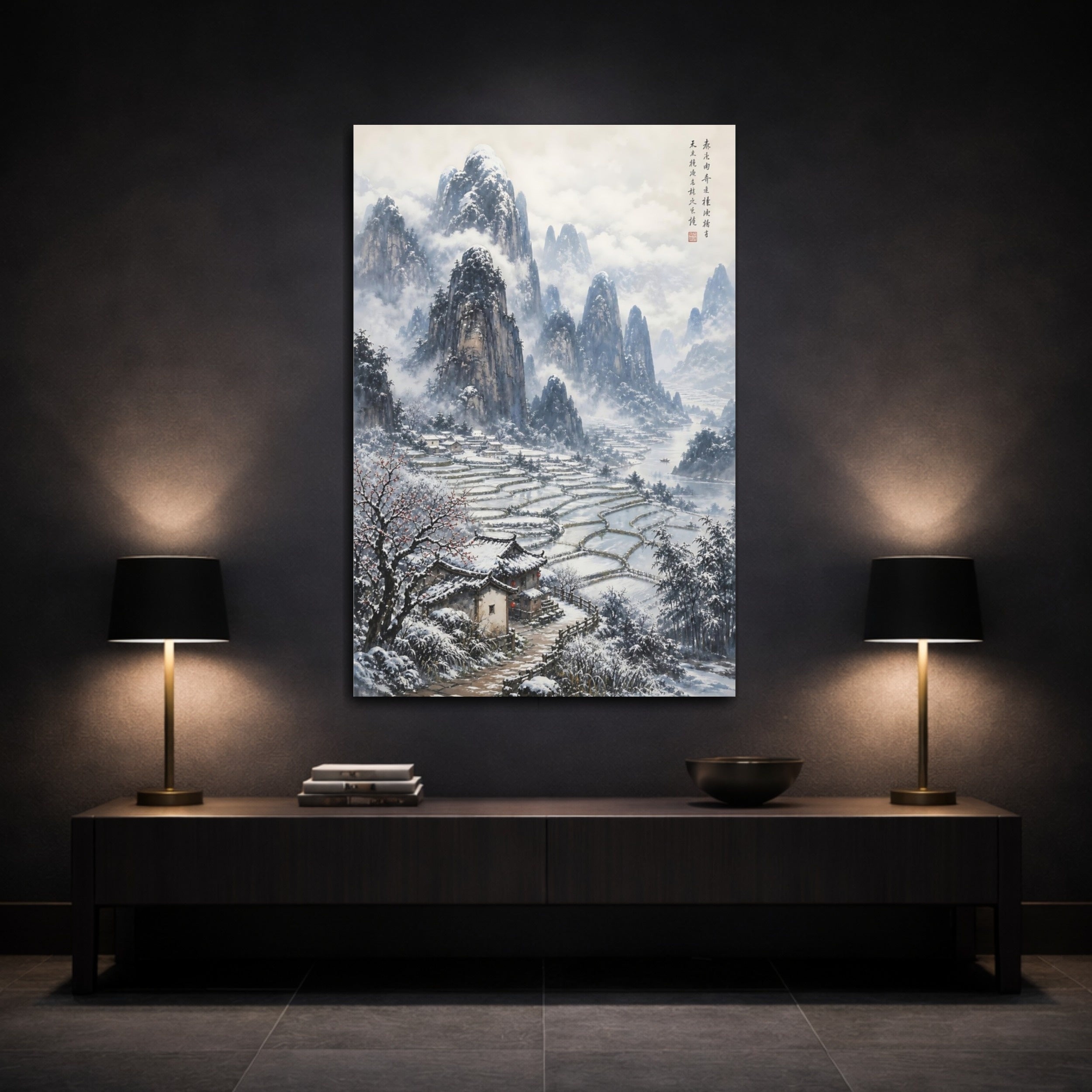 Mockup 3. Nature Winter Landscape Snowy Asian Landscape shown as stretched canvas wall art