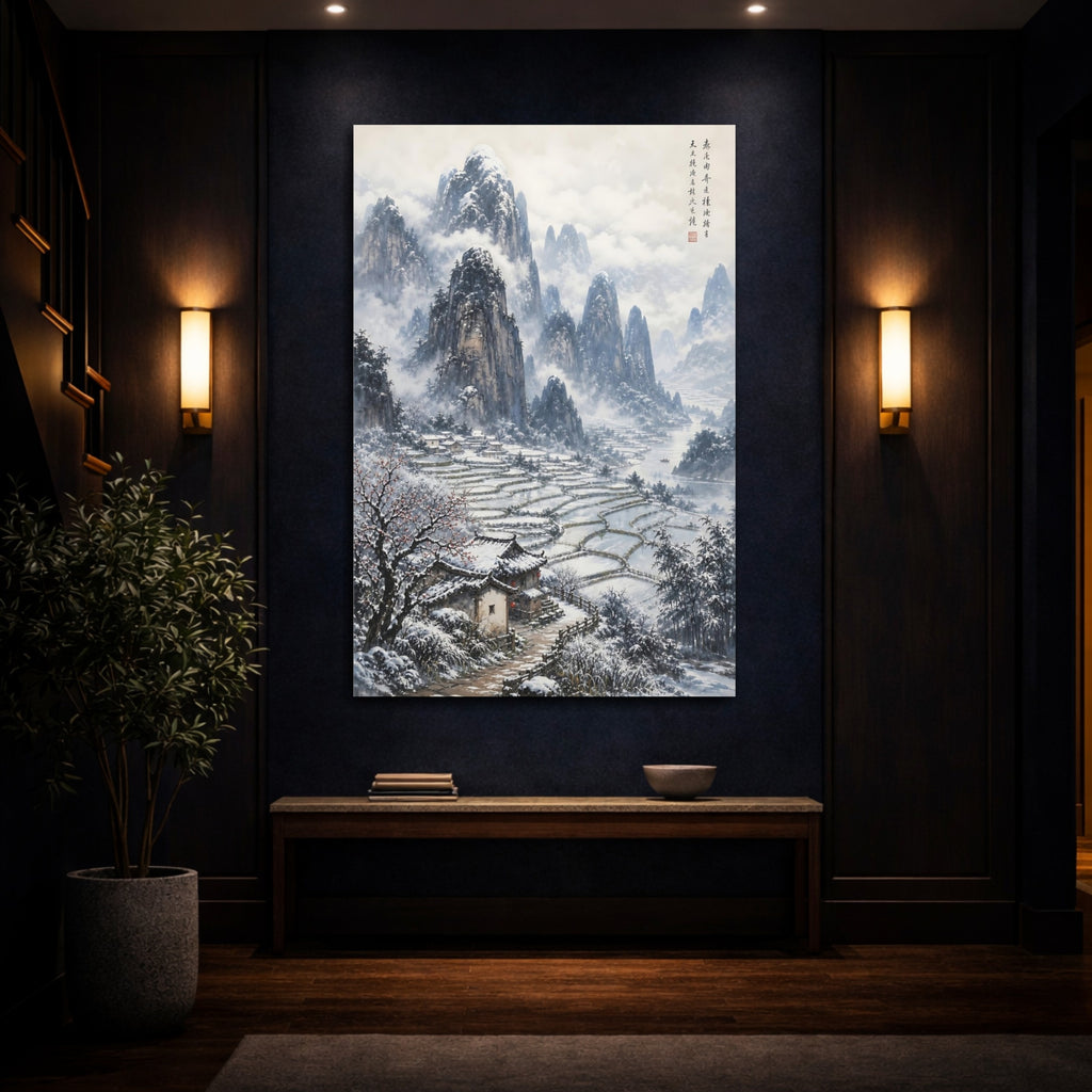 Mockup 4. Nature Winter Landscape Snowy Asian Landscape shown as stretched canvas wall art