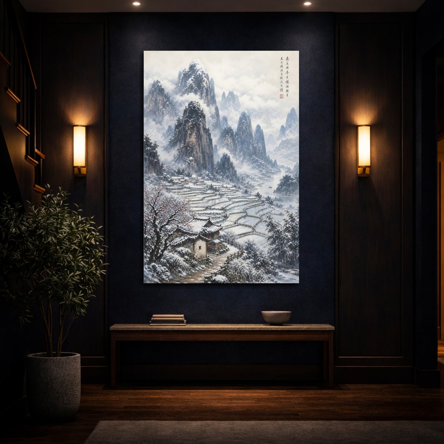 Mockup 4. Nature Winter Landscape Snowy Asian Landscape shown as stretched canvas wall art