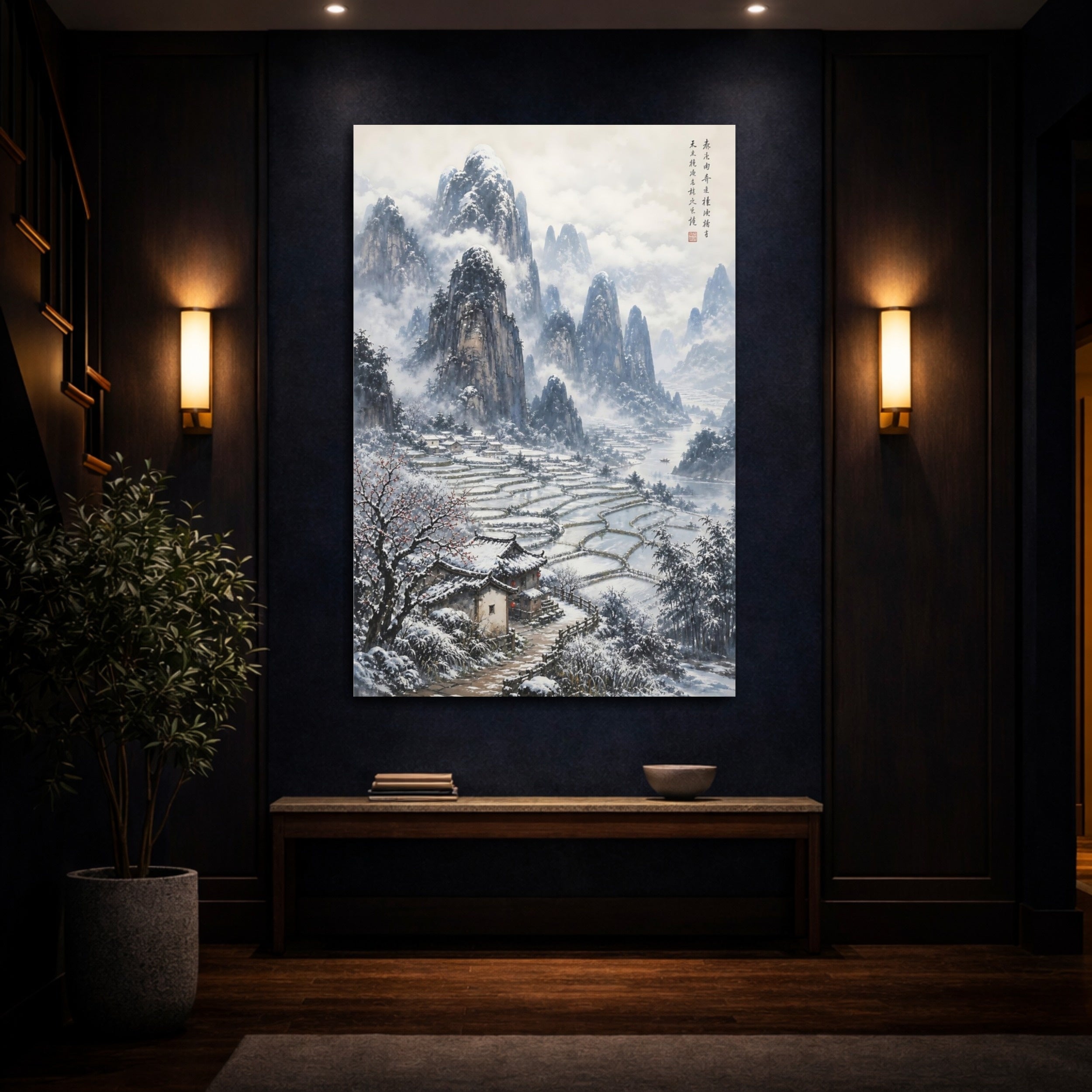 Mockup 4. Nature Winter Landscape Snowy Asian Landscape shown as stretched canvas wall art