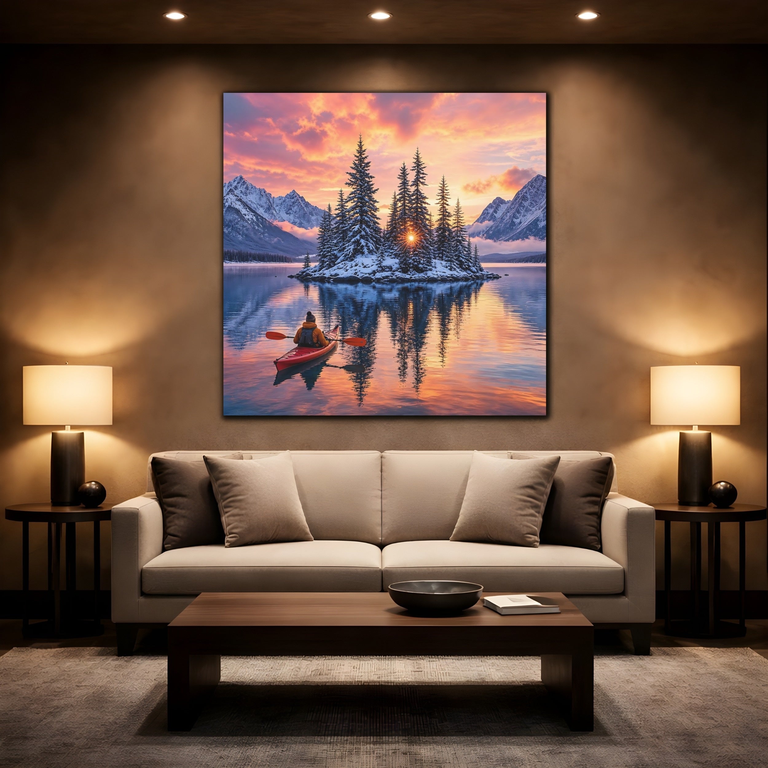 Mockup 2. Nature Winter Landscape Winter Lake Sunset shown as stretched canvas wall art