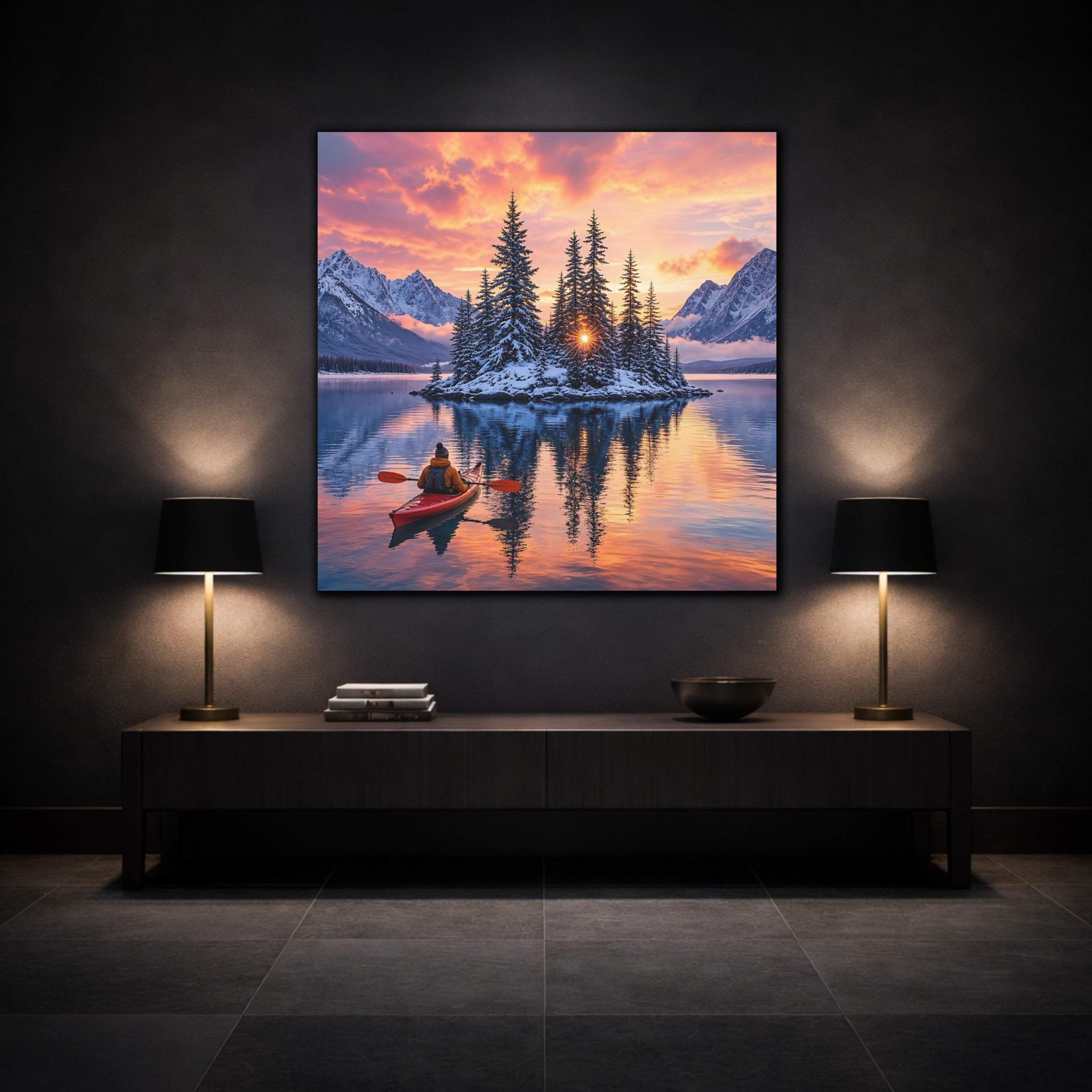Mockup 3. Nature Winter Landscape Winter Lake Sunset shown as stretched canvas wall art