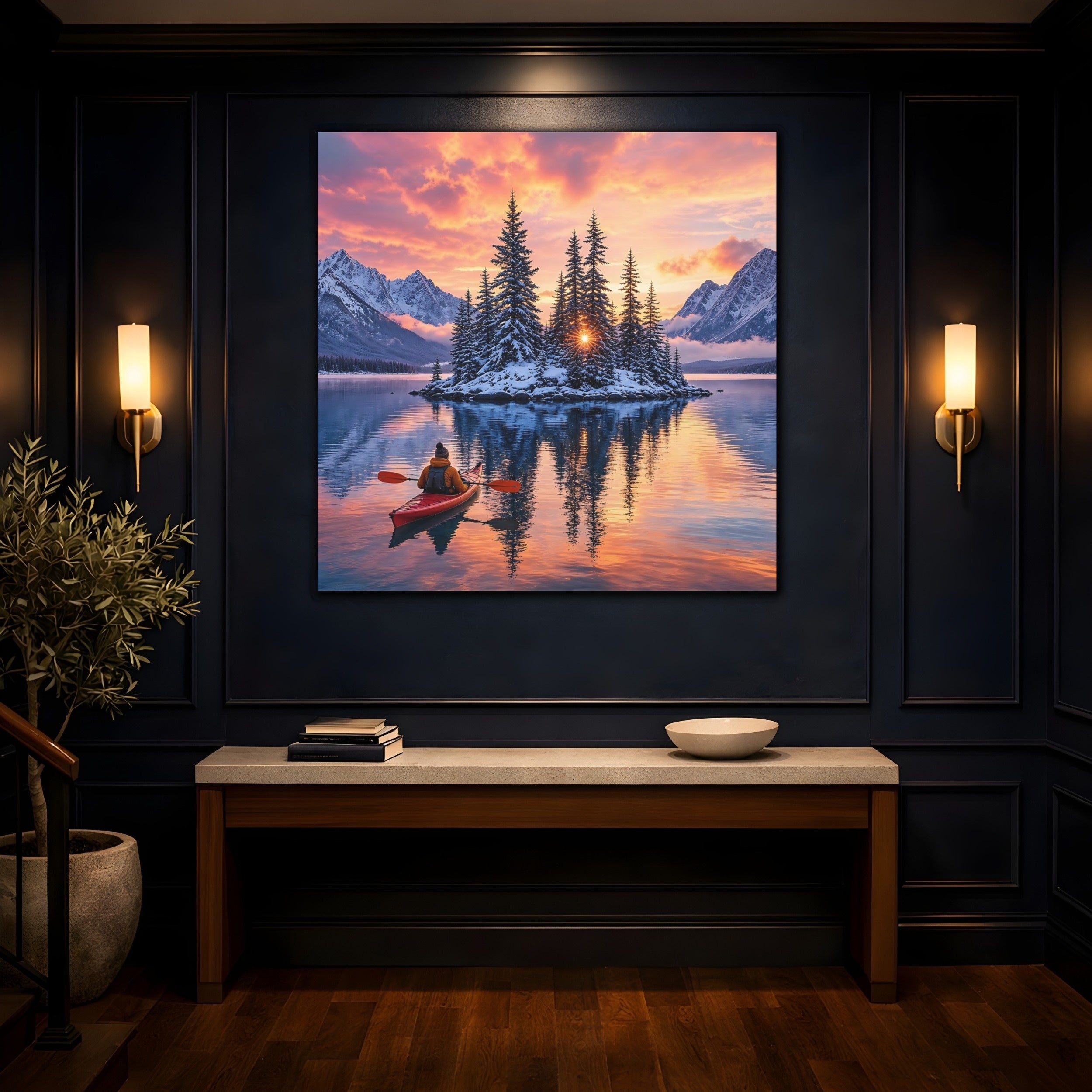 Mockup 4. Nature Winter Landscape Winter Lake Sunset shown as stretched canvas wall art