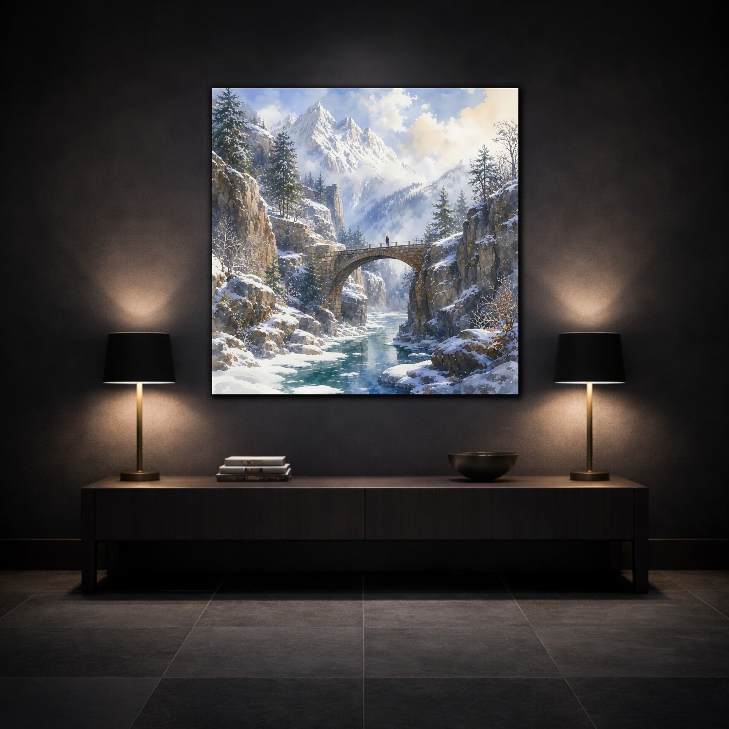 Mockup 3. Nature Winter Landscape Winter Mountain shown as stretched canvas wall art