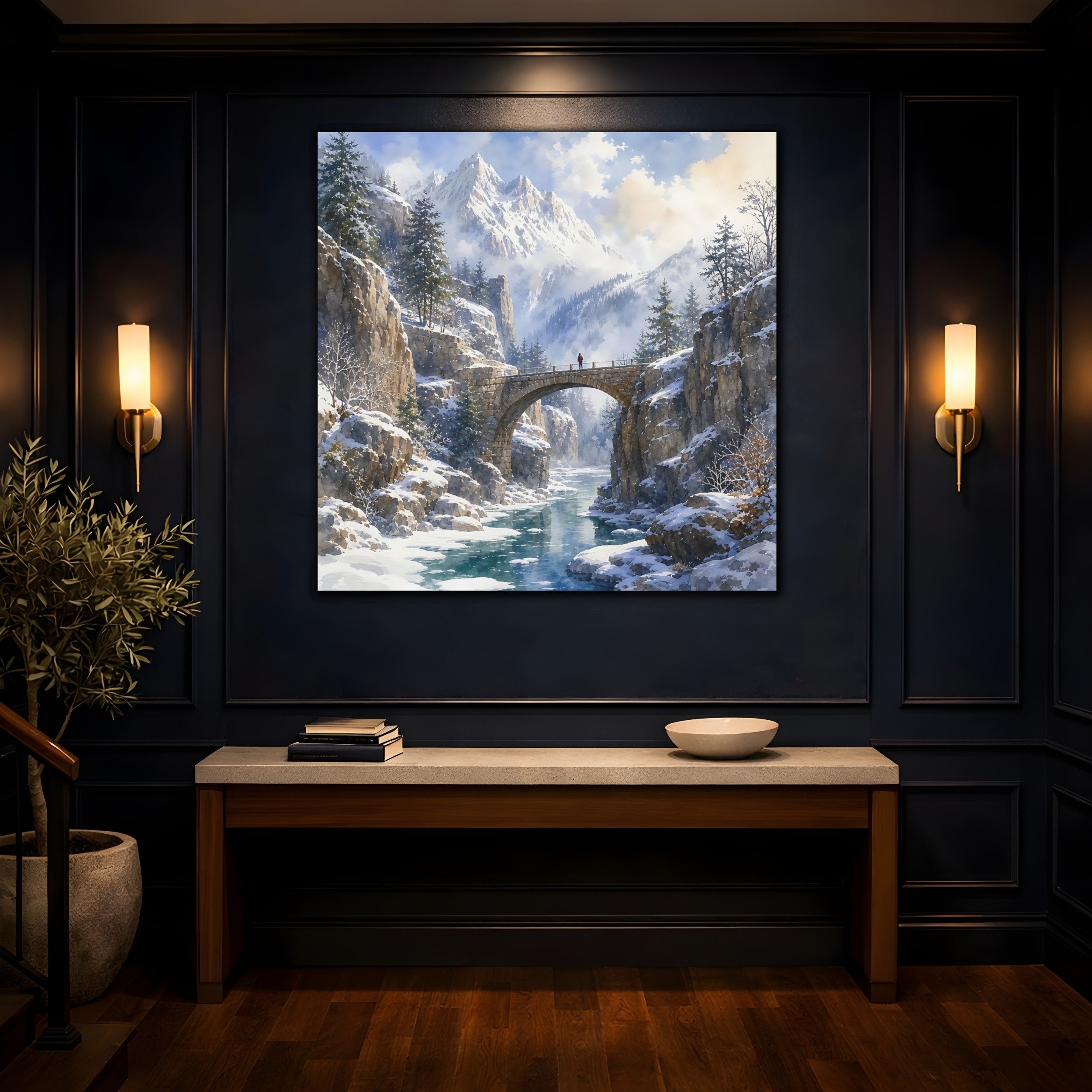 Mockup 4. Nature Winter Landscape Winter Mountain shown as stretched canvas wall art