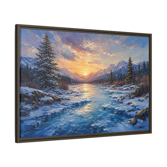 Main Mockup. Nature Winter Landscape Winter Mountain Sunset shown as stretched canvas wall art