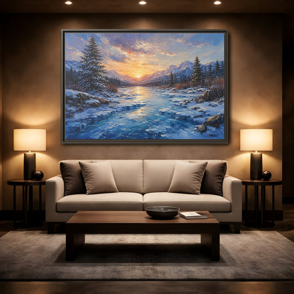 Mockup 2. Nature Winter Landscape Winter Mountain Sunset shown as stretched canvas wall art