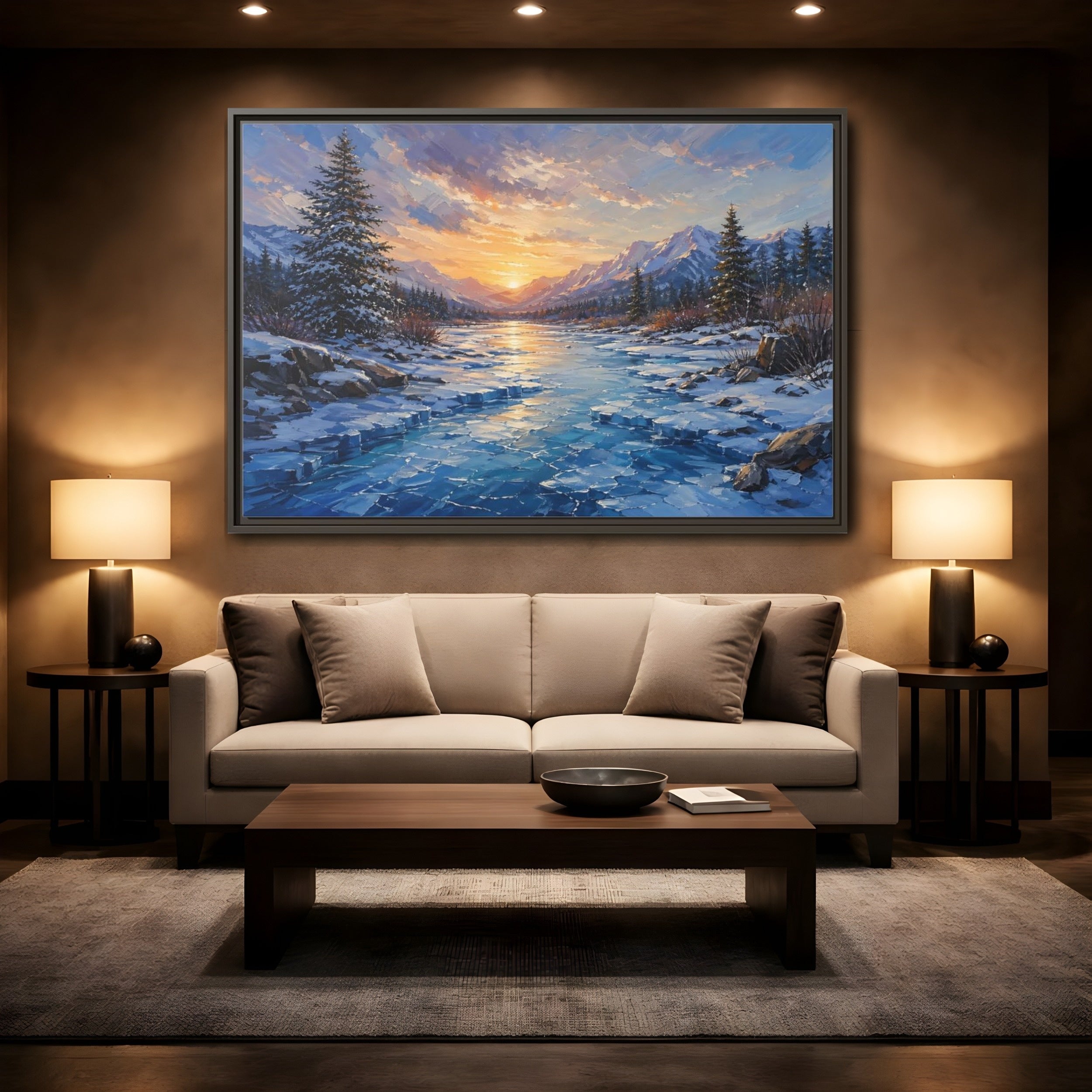 Mockup 2. Nature Winter Landscape Winter Mountain Sunset shown as stretched canvas wall art