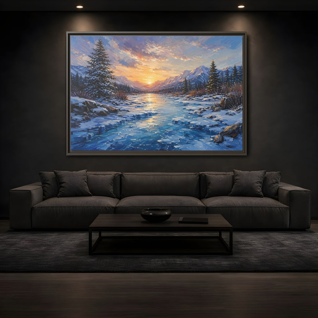 Mockup 3. Nature Winter Landscape Winter Mountain Sunset shown as stretched canvas wall art