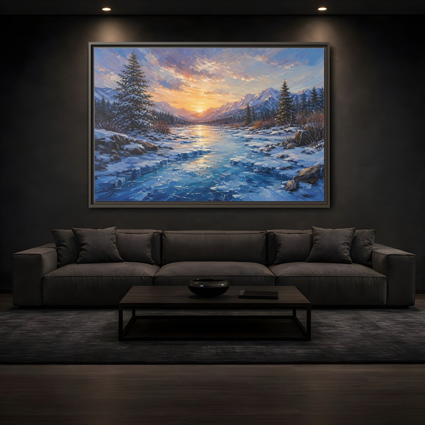 Mockup 3. Nature Winter Landscape Winter Mountain Sunset shown as stretched canvas wall art