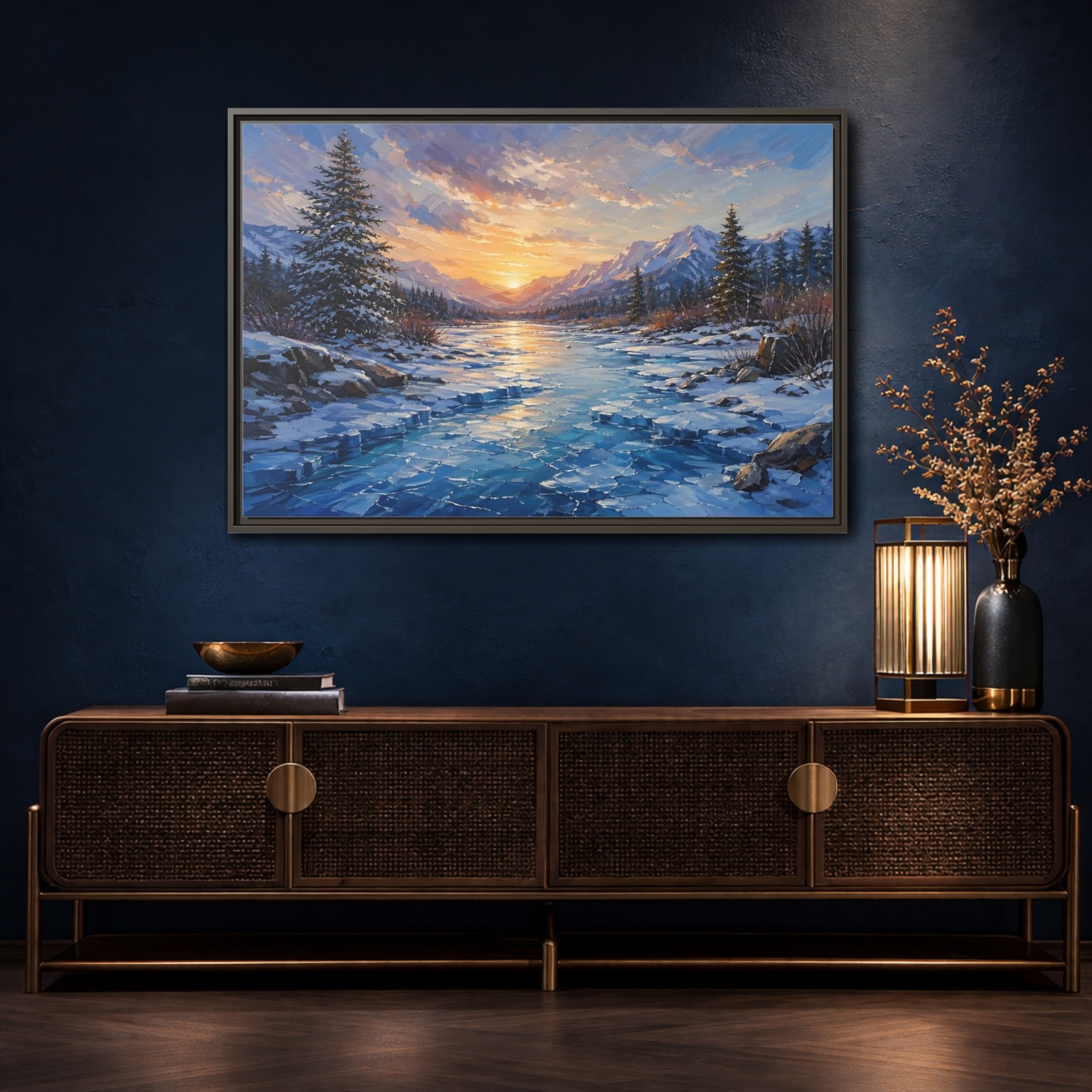 Mockup 4. Nature Winter Landscape Winter Mountain Sunset shown as stretched canvas wall art