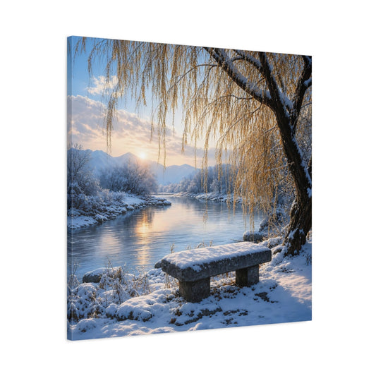 Main Mockup. Nature Winter Landscape Winter River Sunset shown as stretched canvas wall art