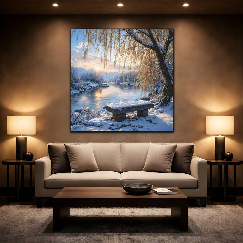 Mockup 2. Nature Winter Landscape Winter River Sunset shown as stretched canvas wall art