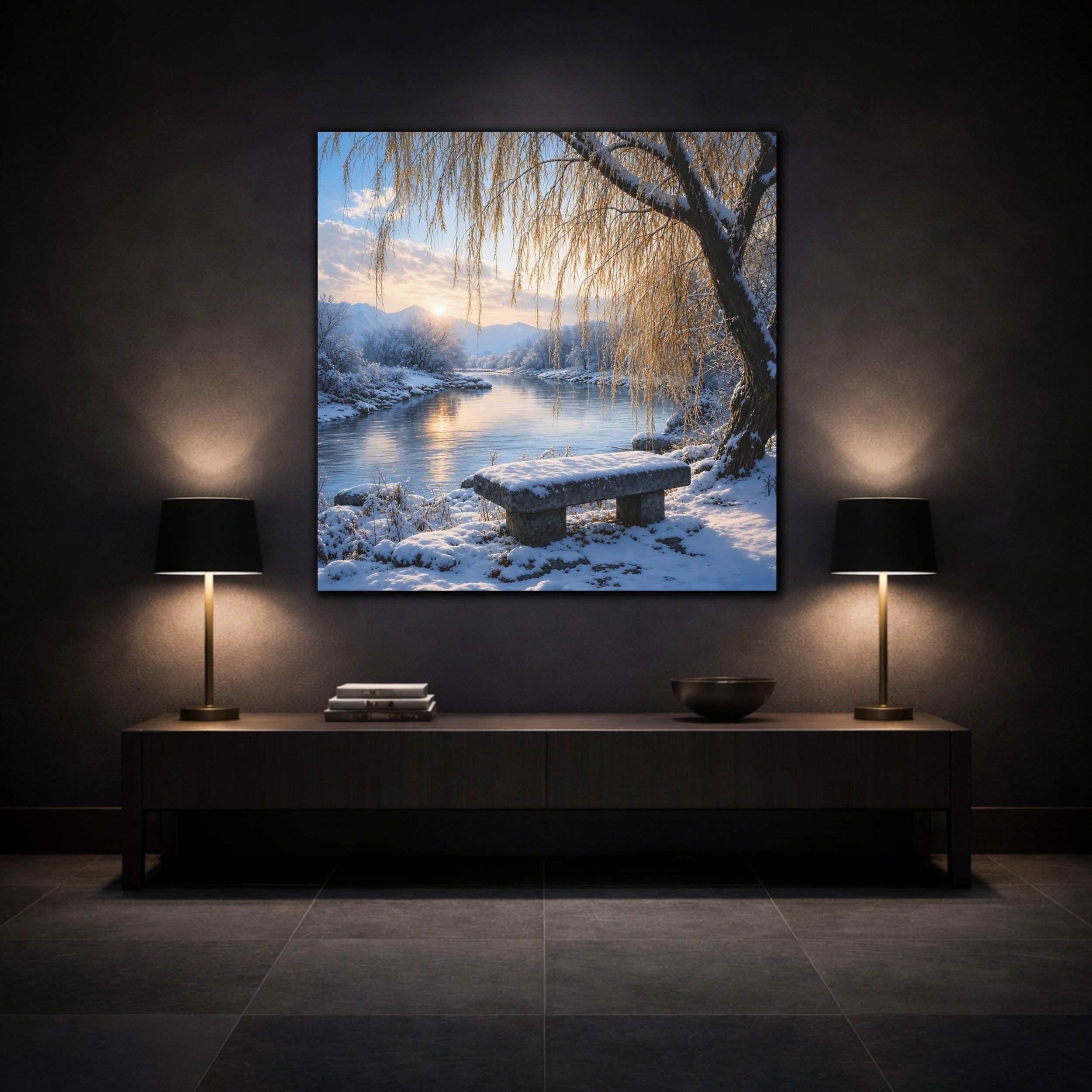 Mockup 3. Nature Winter Landscape Winter River Sunset shown as stretched canvas wall art