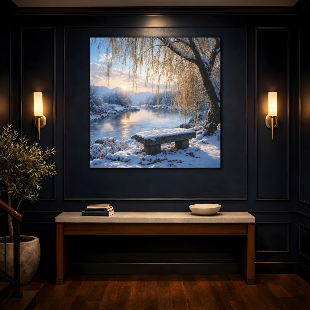 Mockup 4. Nature Winter Landscape Winter River Sunset shown as stretched canvas wall art