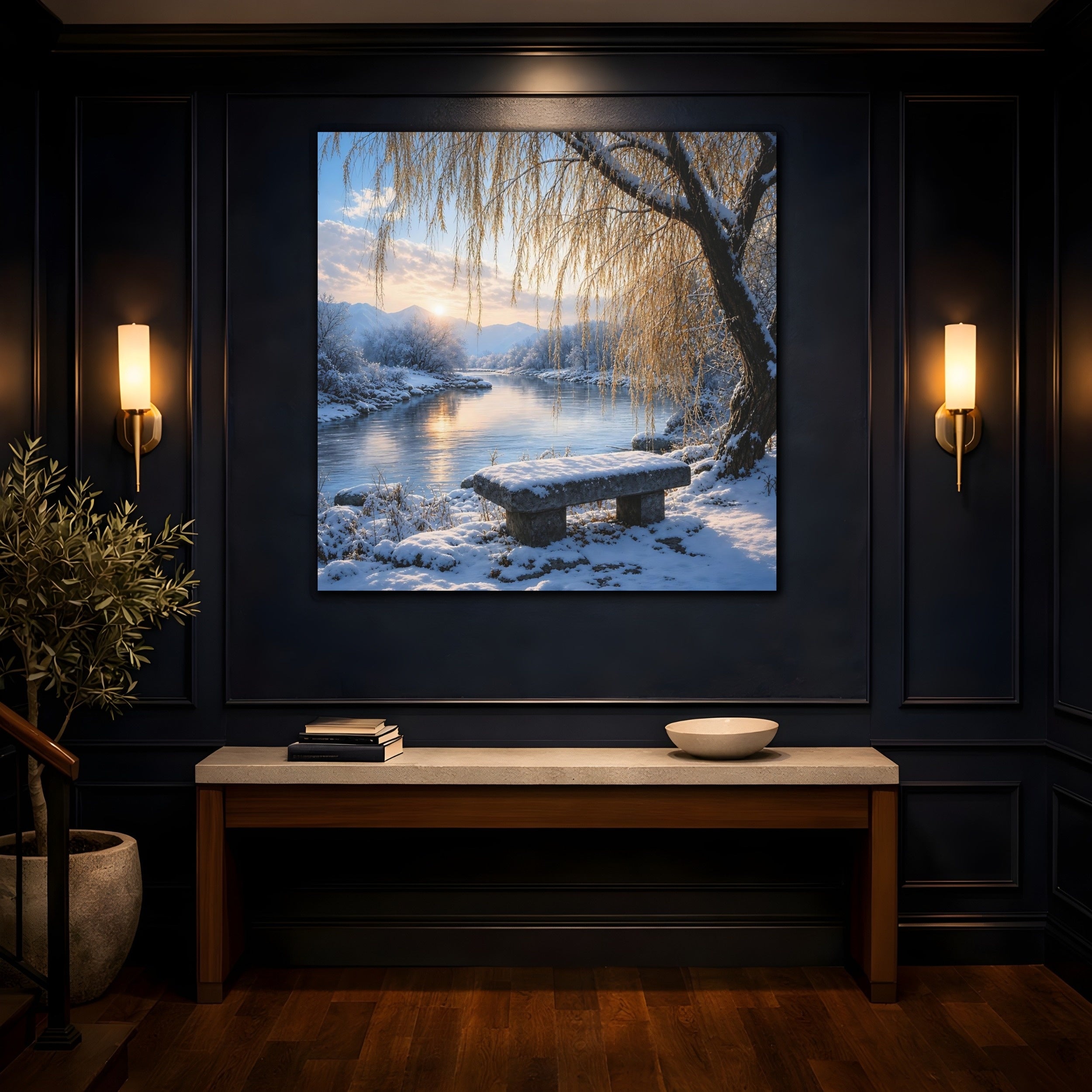 Mockup 4. Nature Winter Landscape Winter River Sunset shown as stretched canvas wall art