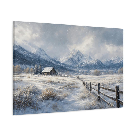 Main Mockup. Nature Winter Landscape Winter Snow Cabin shown as stretched canvas wall art