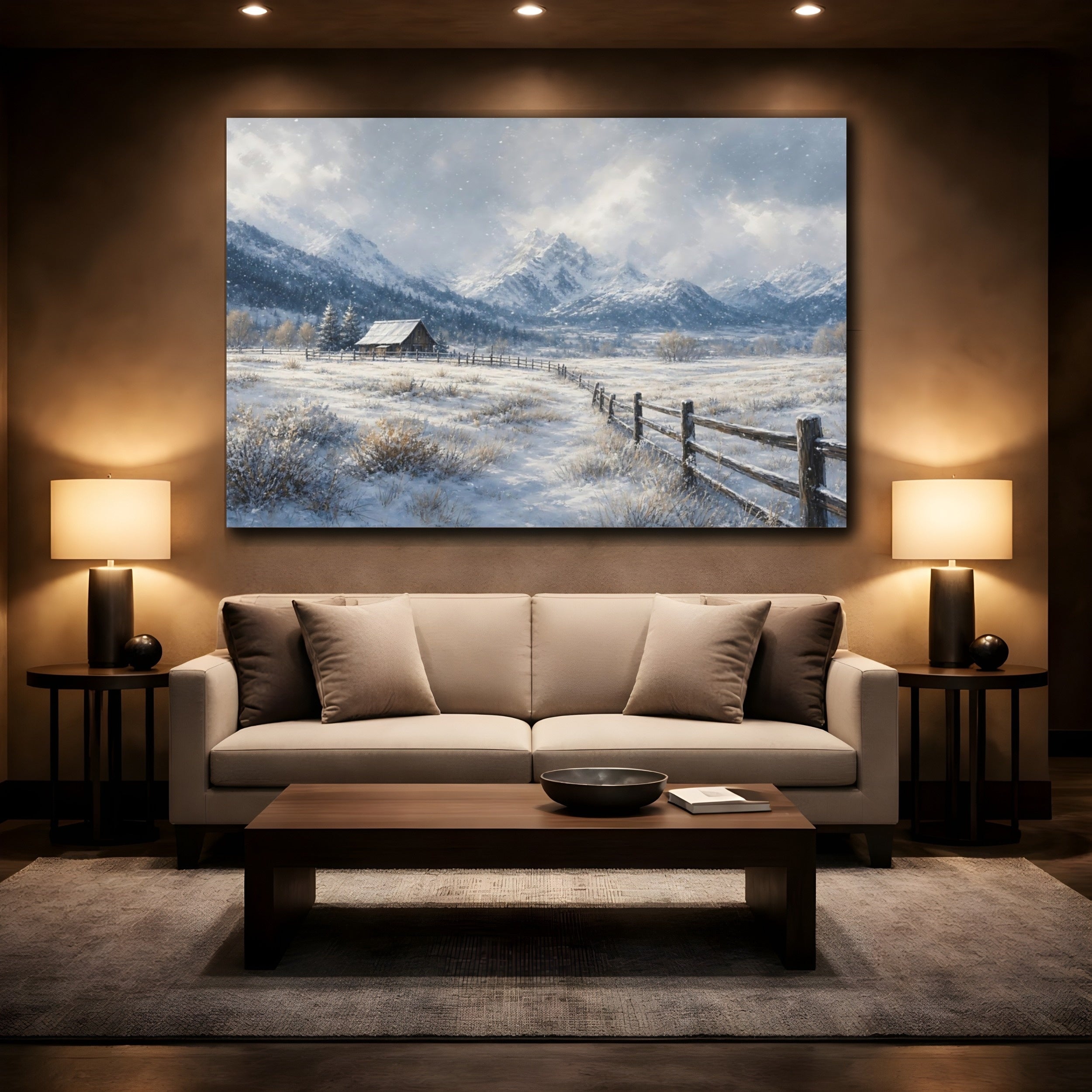 Mockup 2. Nature Winter Landscape Winter Snow Cabin shown as stretched canvas wall art