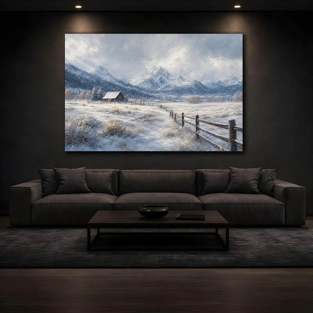 Mockup 3. Nature Winter Landscape Winter Snow Cabin shown as stretched canvas wall art