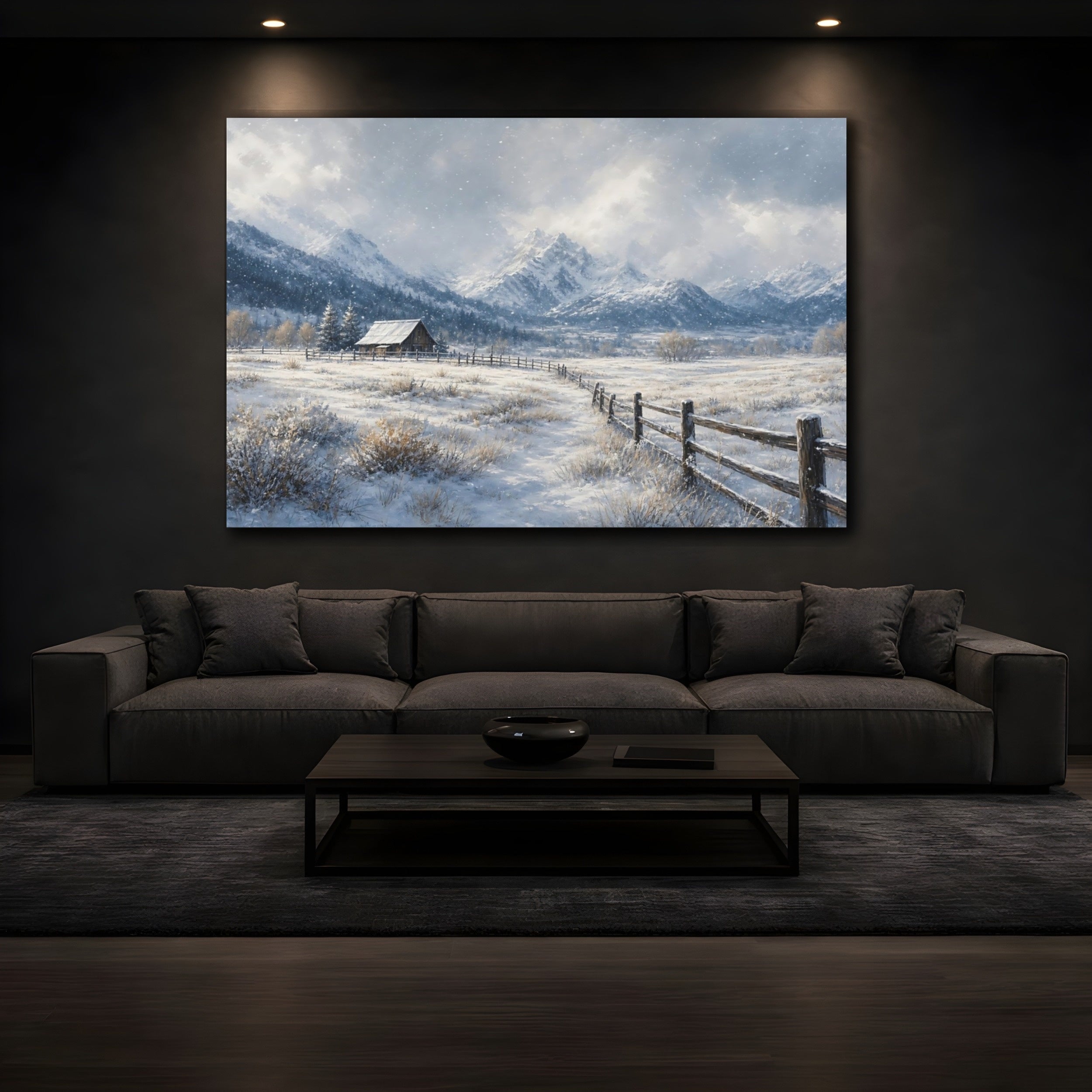Mockup 3. Nature Winter Landscape Winter Snow Cabin shown as stretched canvas wall art