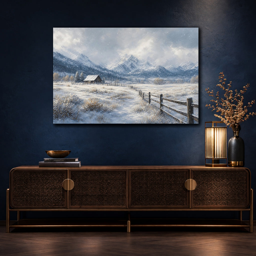 Mockup 4. Nature Winter Landscape Winter Snow Cabin shown as stretched canvas wall art