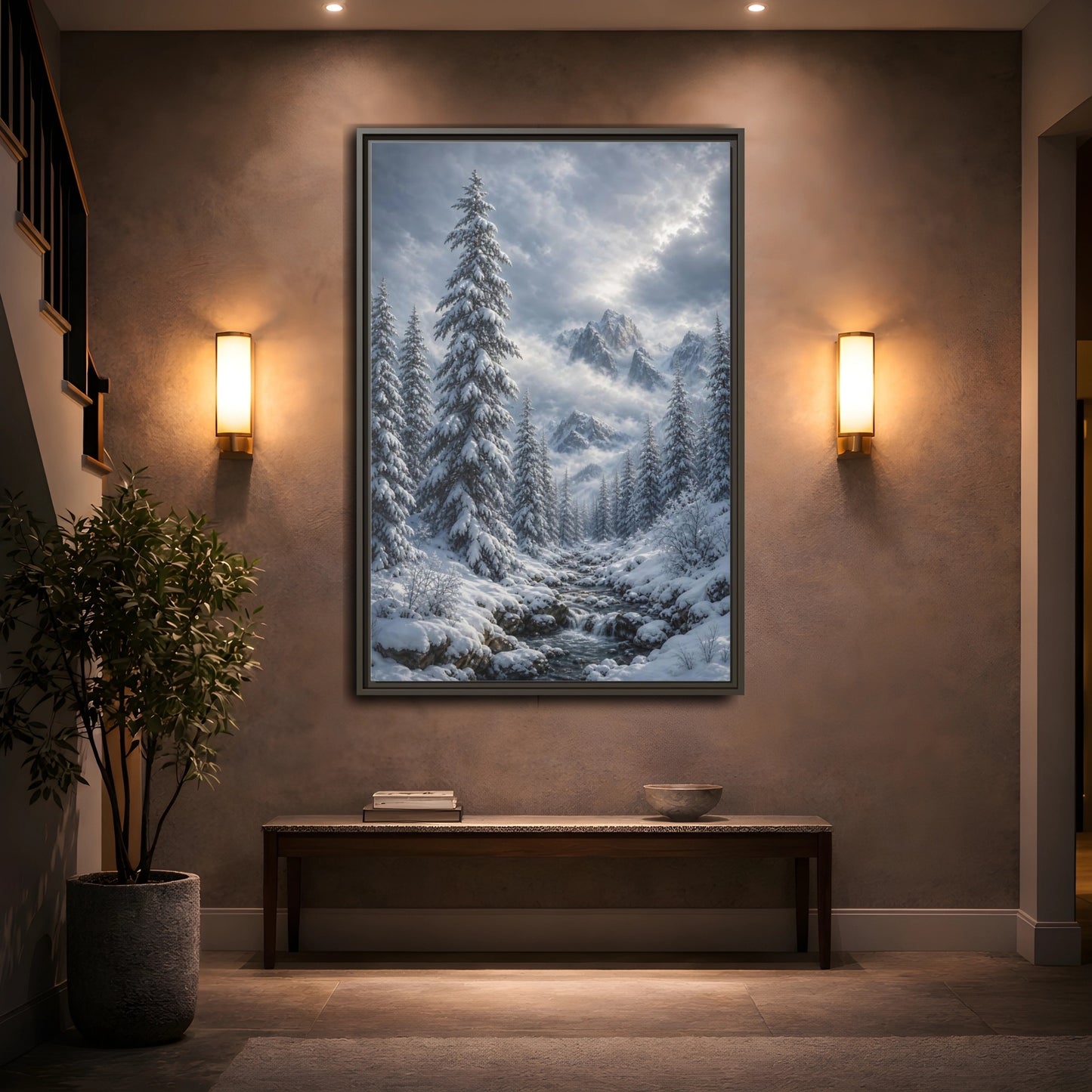 Mockup 2. Nature Winter Landscape Winter Snow Scene shown as stretched canvas wall art