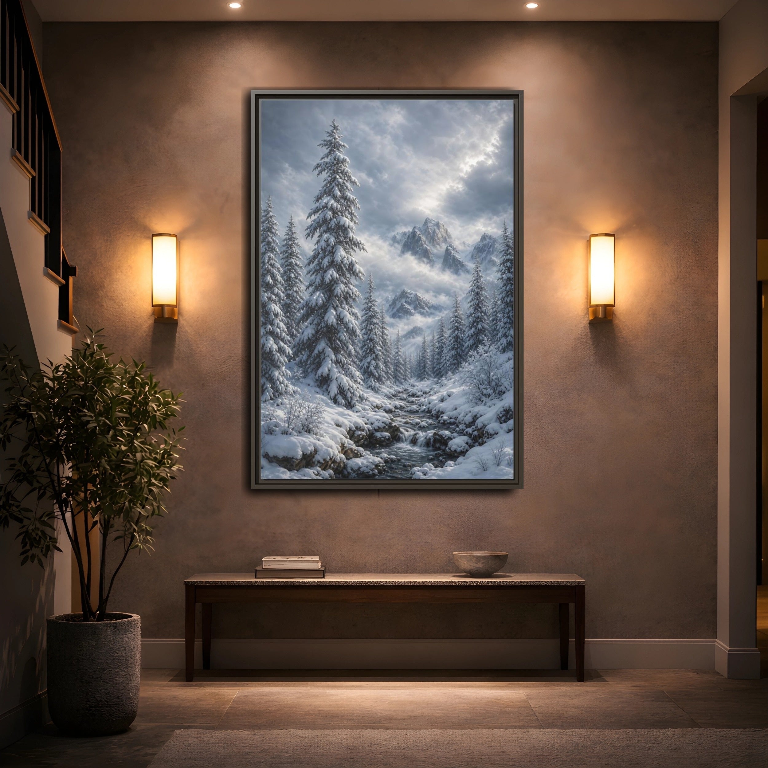 Mockup 2. Nature Winter Landscape Winter Snow Scene shown as stretched canvas wall art