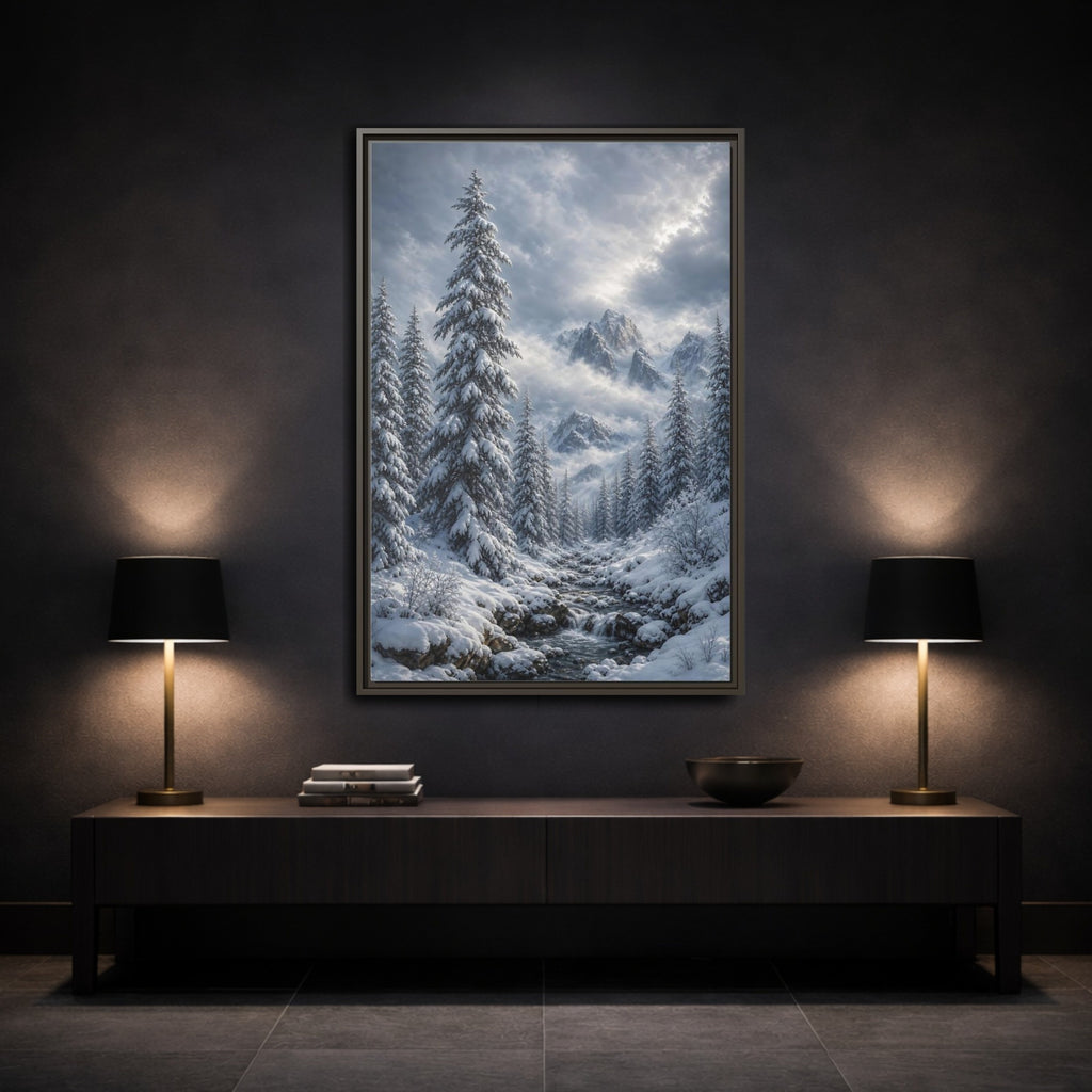 Mockup 3. Nature Winter Landscape Winter Snow Scene shown as stretched canvas wall art