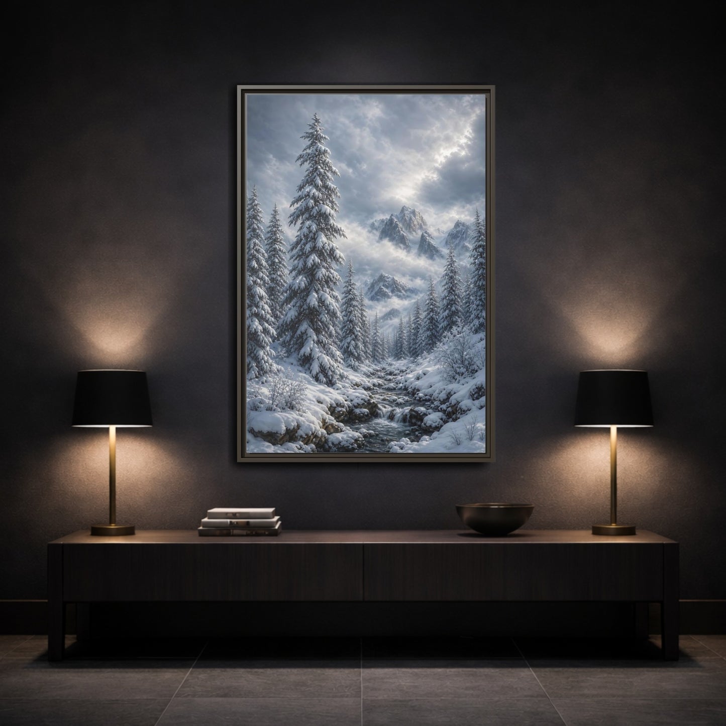 Mockup 3. Nature Winter Landscape Winter Snow Scene shown as stretched canvas wall art