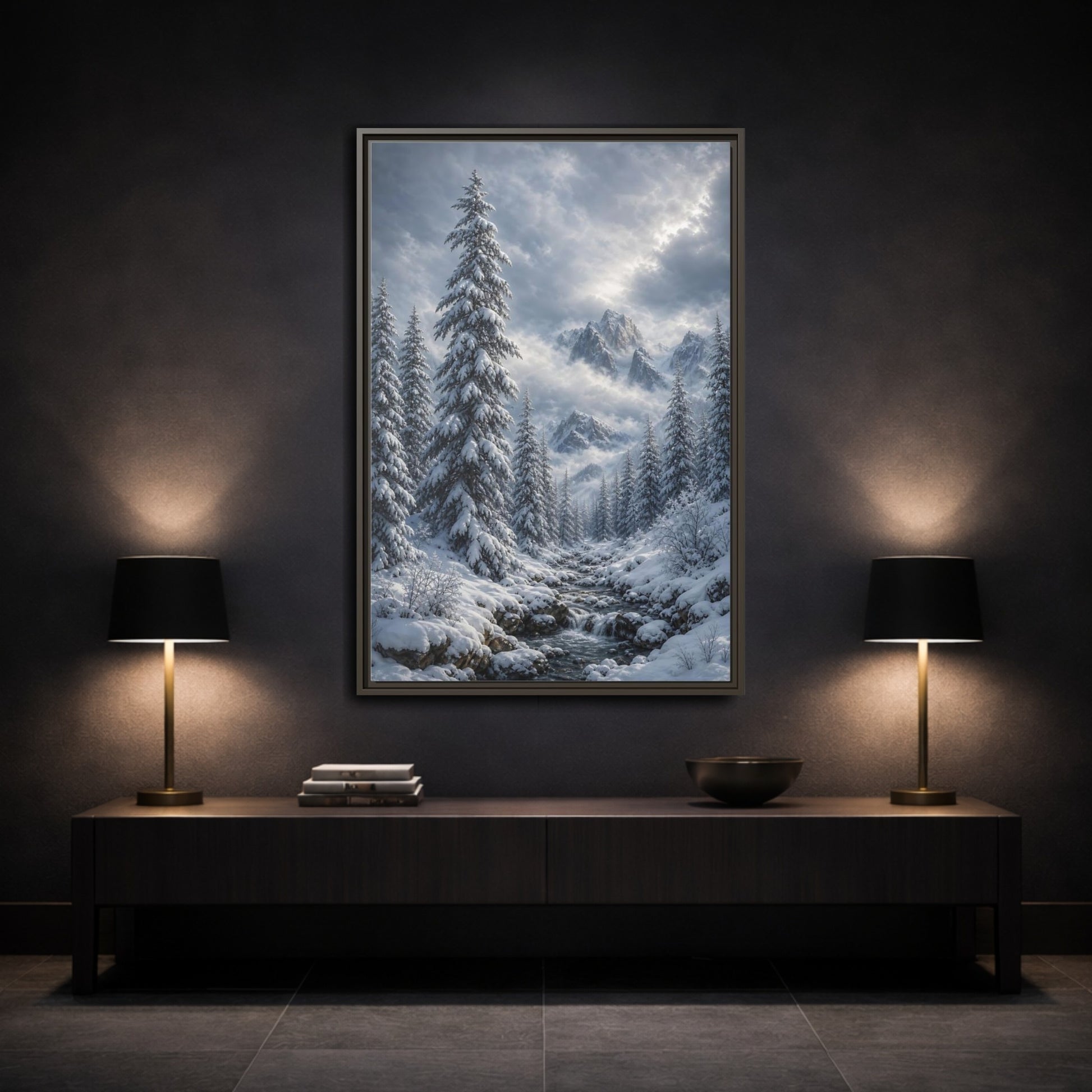 Mockup 3. Nature Winter Landscape Winter Snow Scene shown as stretched canvas wall art