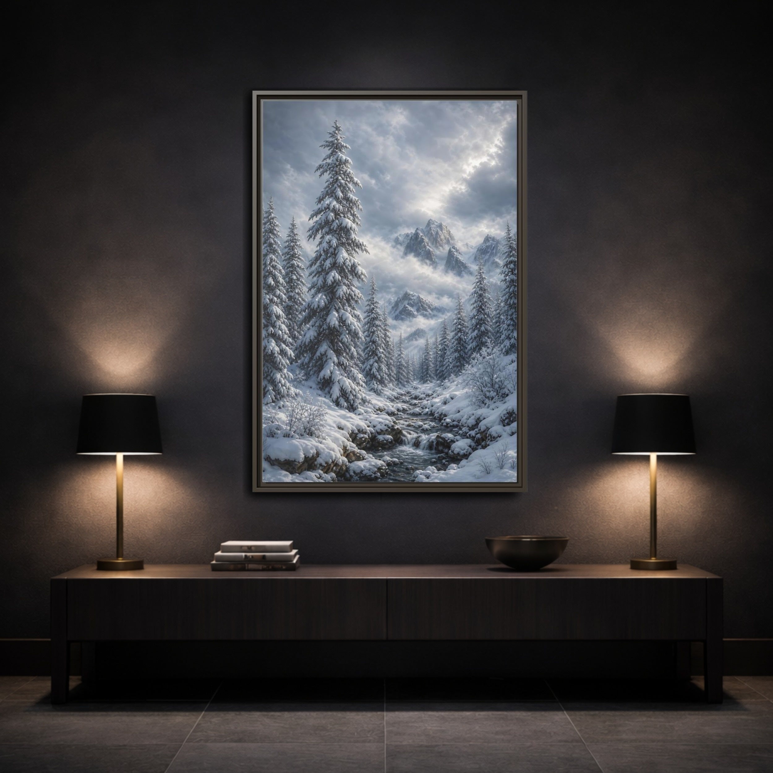 Mockup 3. Nature Winter Landscape Winter Snow Scene shown as stretched canvas wall art