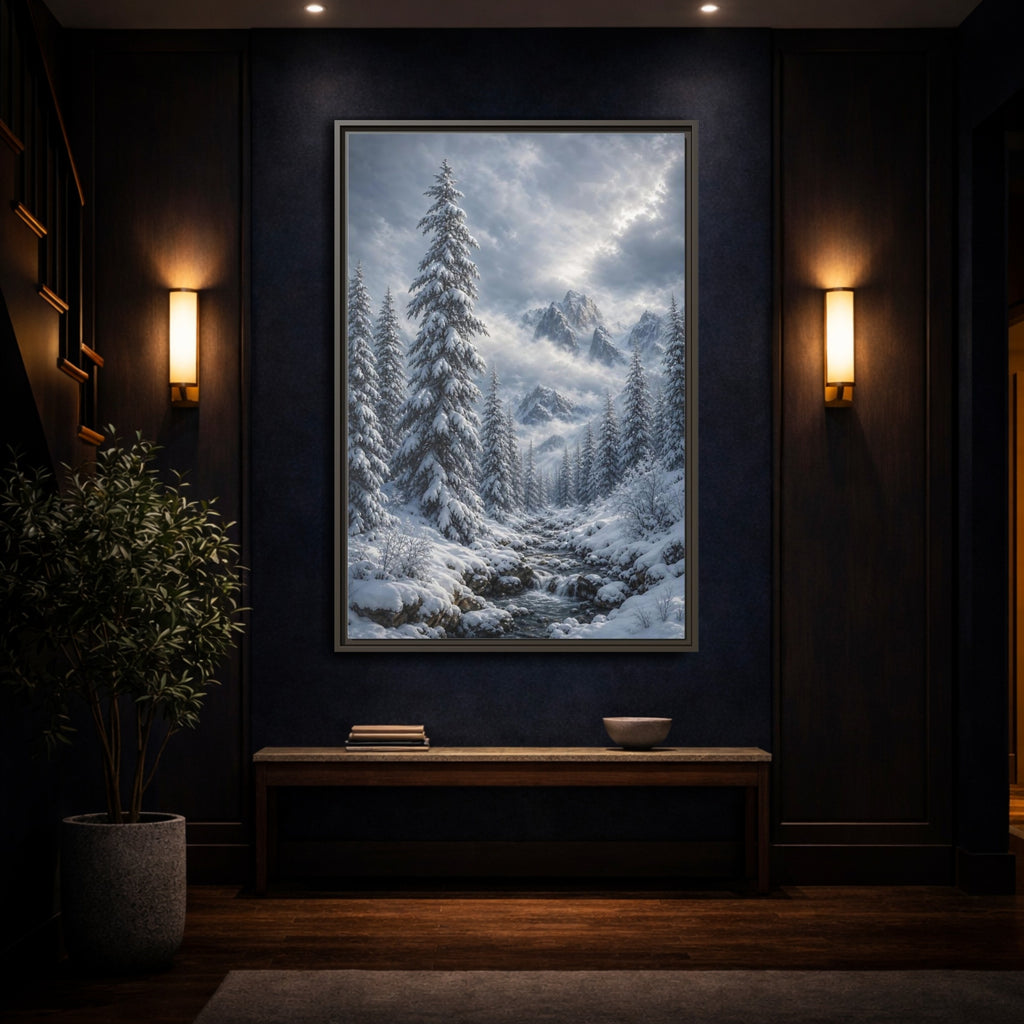 Mockup 4. Nature Winter Landscape Winter Snow Scene shown as stretched canvas wall art