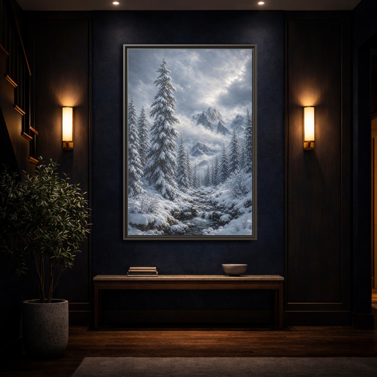 Mockup 4. Nature Winter Landscape Winter Snow Scene shown as stretched canvas wall art