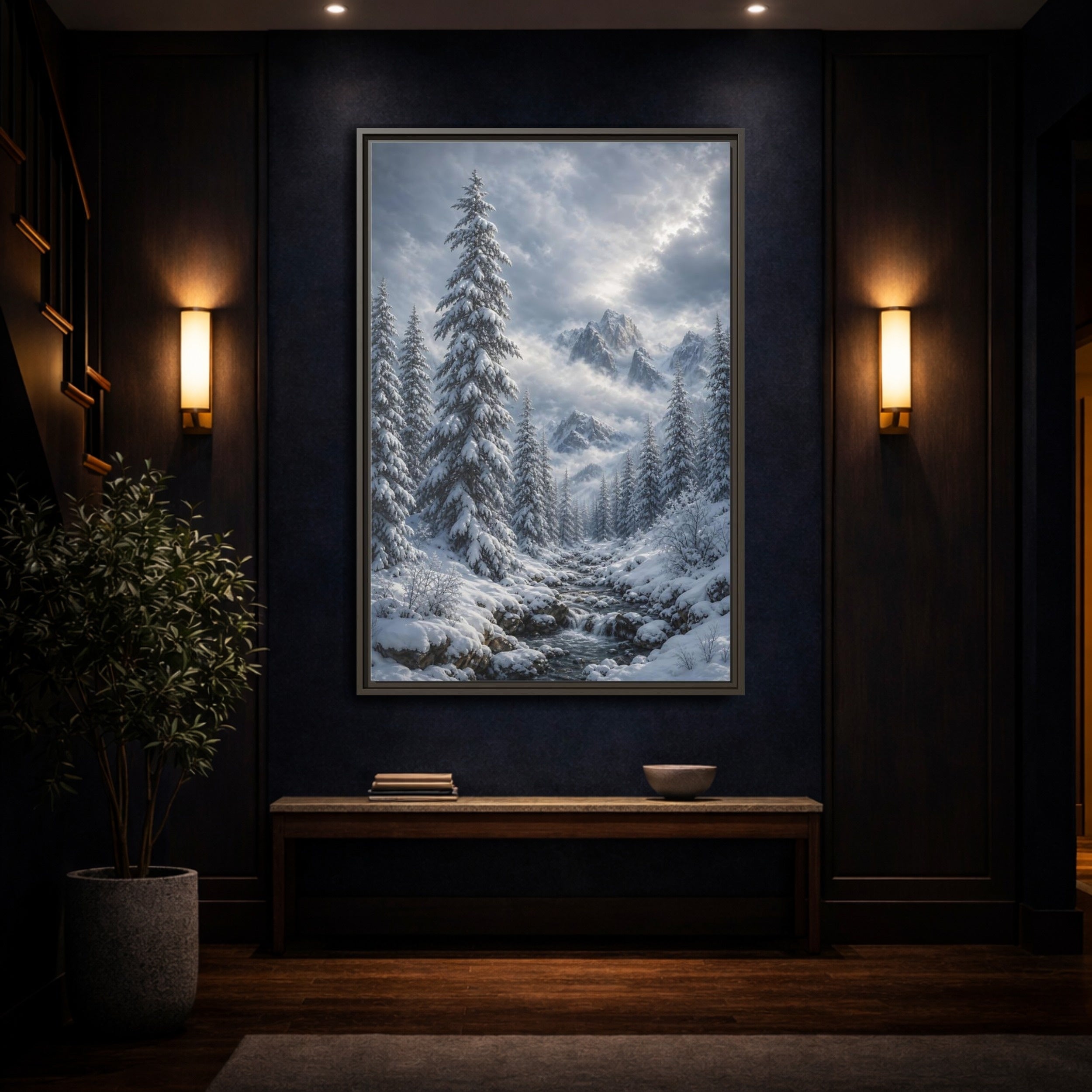 Mockup 4. Nature Winter Landscape Winter Snow Scene shown as stretched canvas wall art