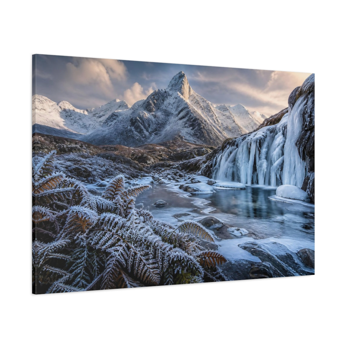 Side Mockup 1. Nature Winter Mountain Winter Landscape shown as stretched canvas wall art