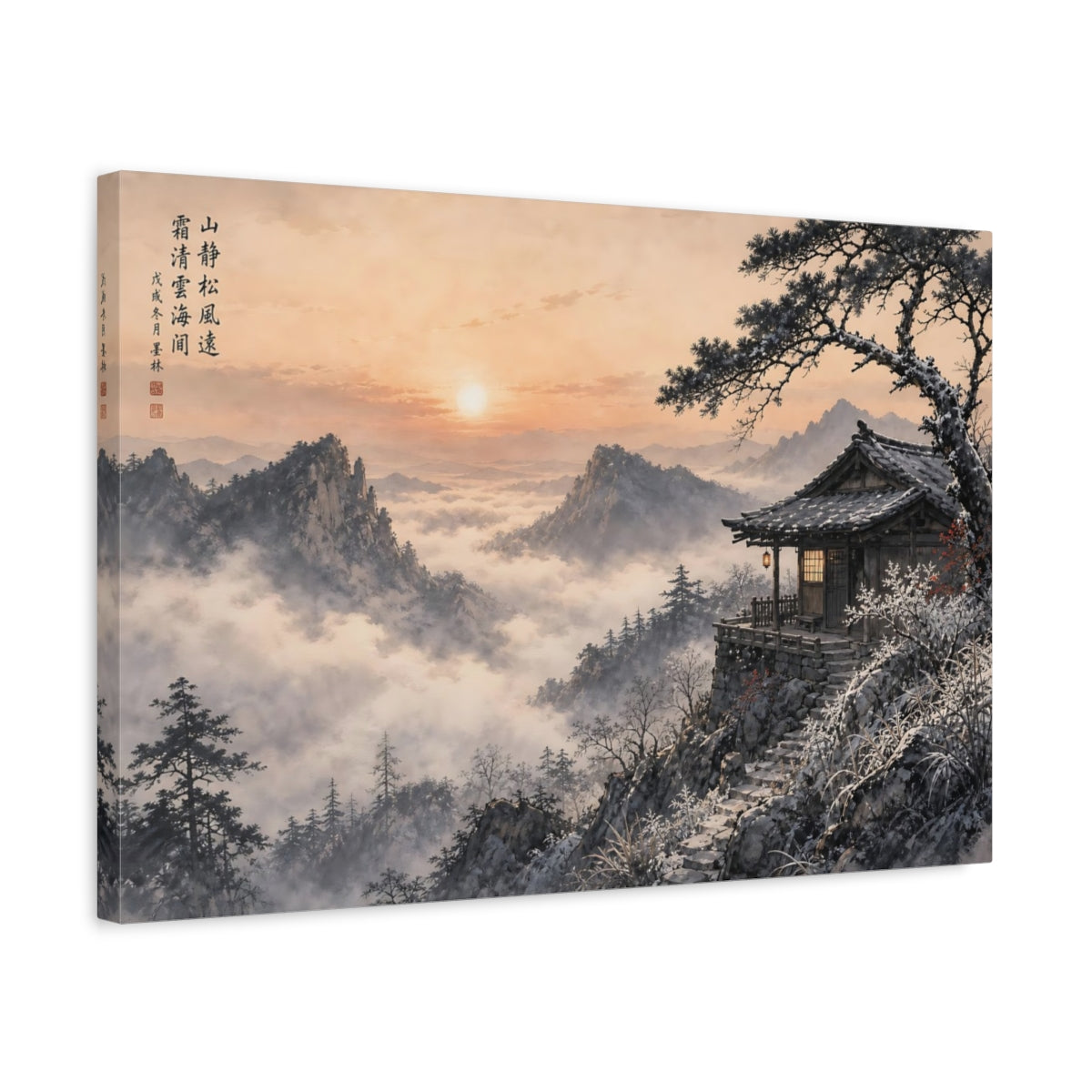 Side Mockup 3. Nature Winter Mountain Winter Mountain Sunset shown as stretched canvas wall art