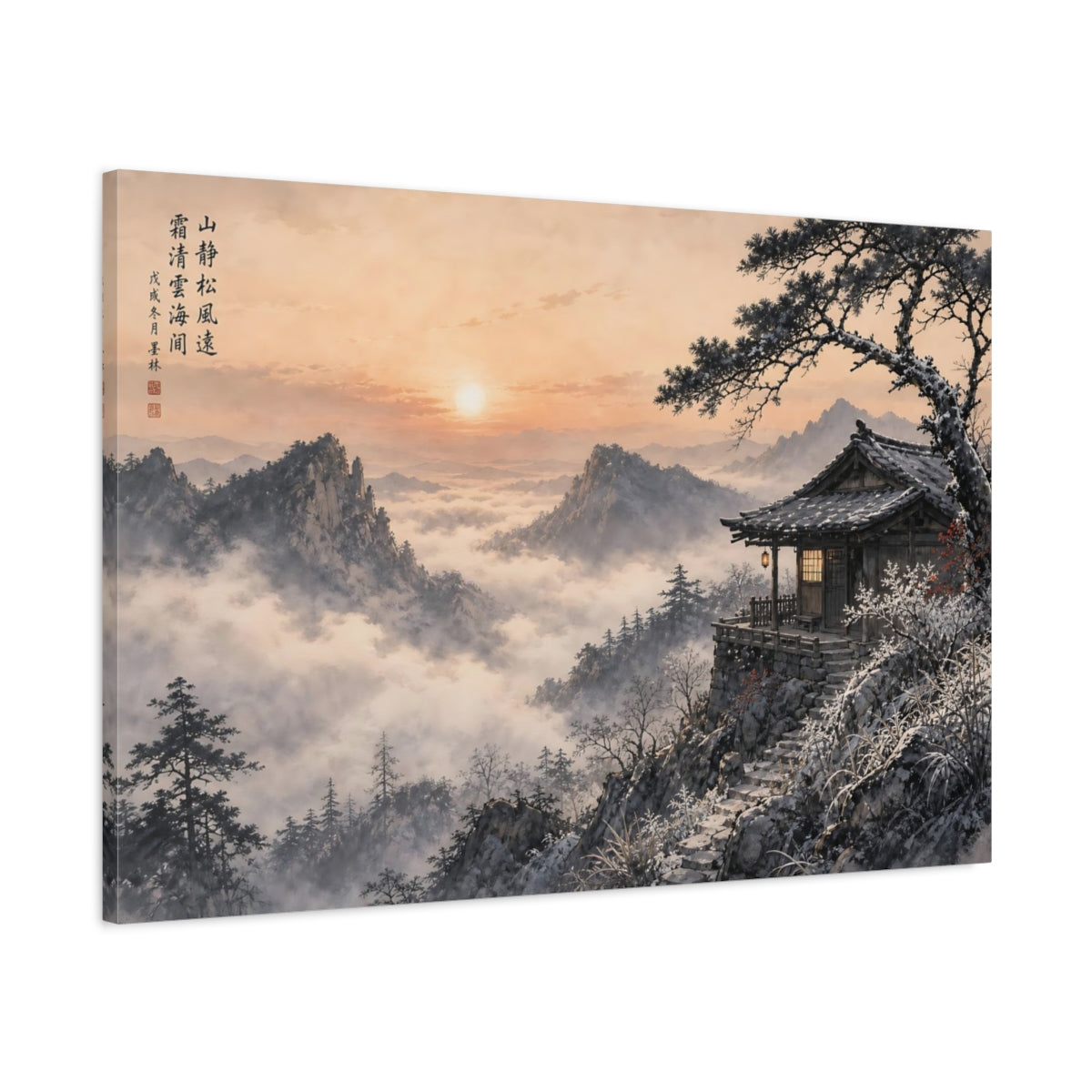 Main Mockup. Nature Winter Mountain Winter Mountain Sunset shown as stretched canvas wall art