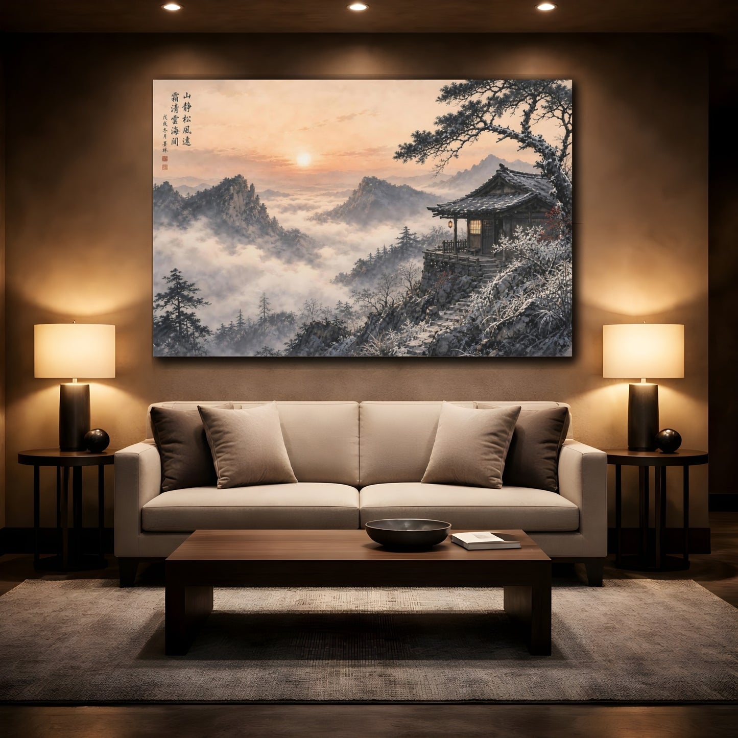 Mockup 2. Nature Winter Mountain Winter Mountain Sunset shown as stretched canvas wall art