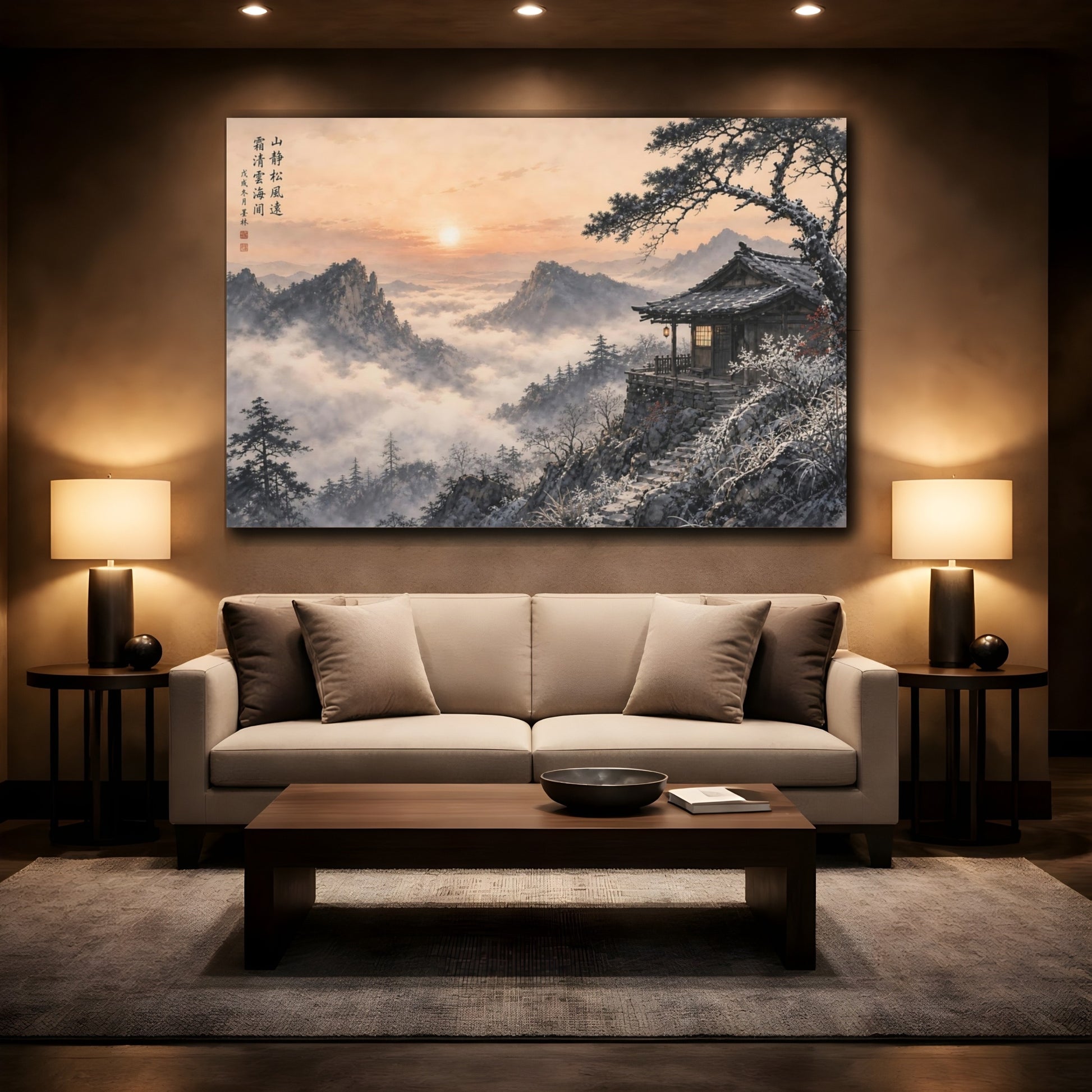 Mockup 2. Nature Winter Mountain Winter Mountain Sunset shown as stretched canvas wall art