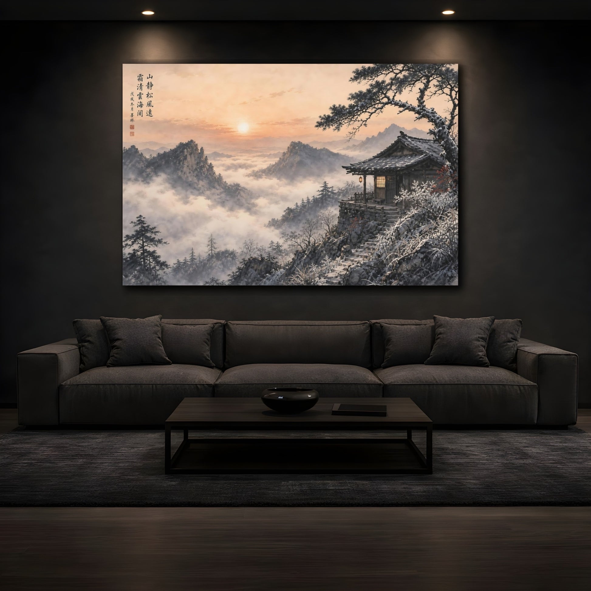Mockup 3. Nature Winter Mountain Winter Mountain Sunset shown as stretched canvas wall art