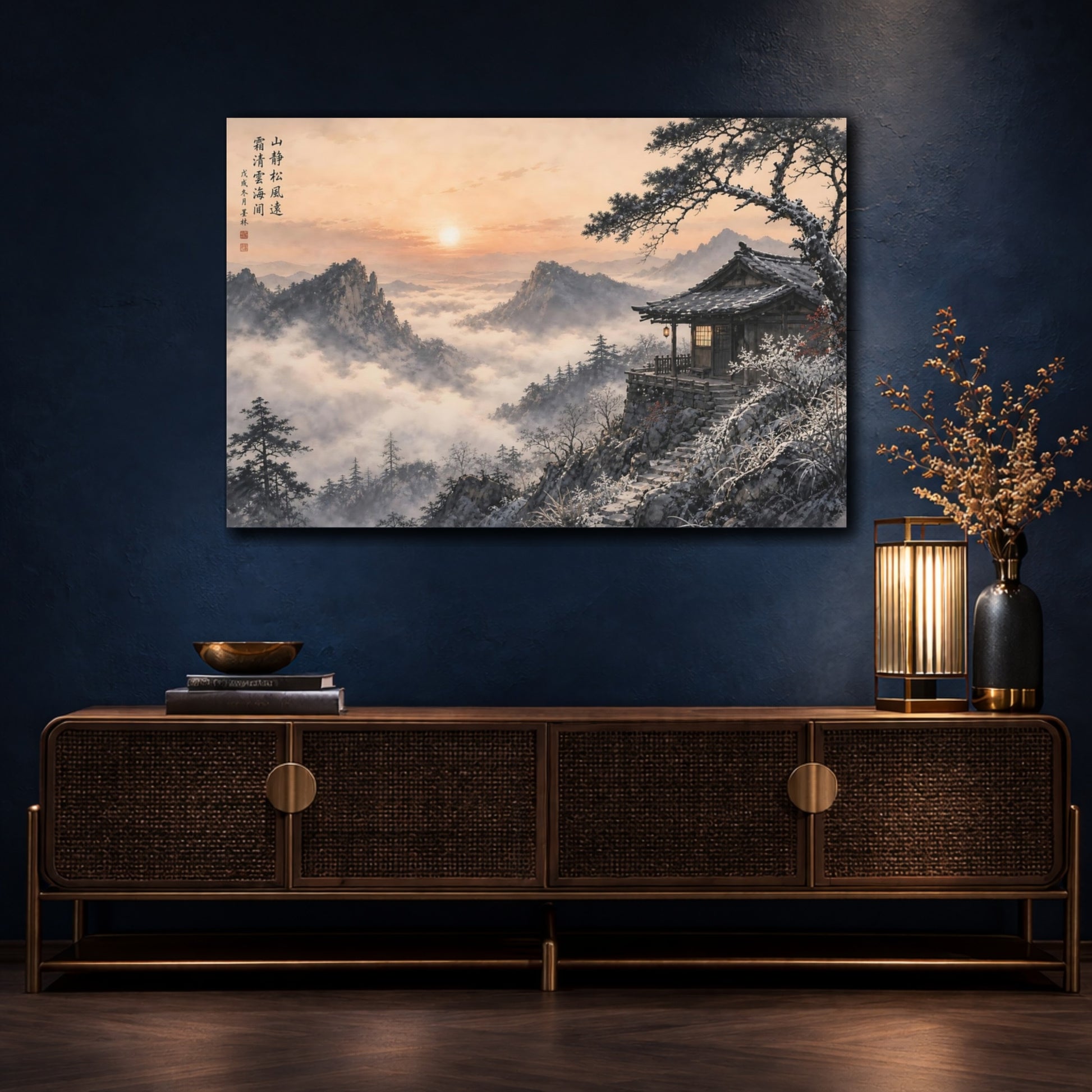 Mockup 4. Nature Winter Mountain Winter Mountain Sunset shown as stretched canvas wall art