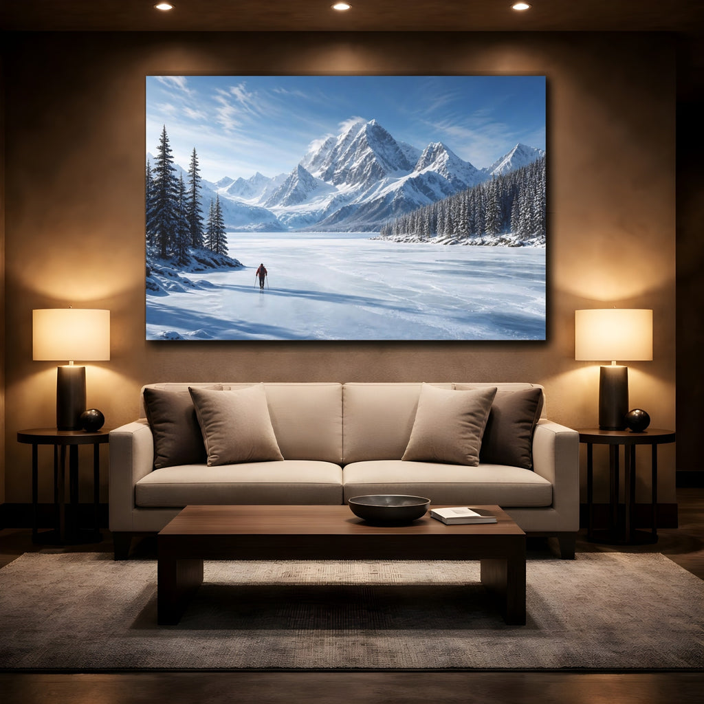 Mockup 2. Nature Winter Mountains Blue And White shown as stretched canvas wall art
