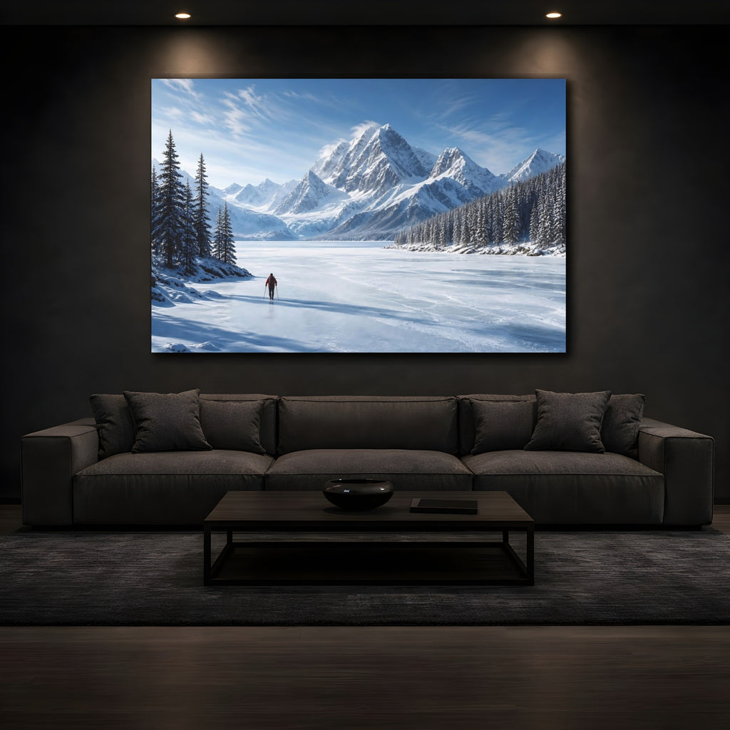 Mockup 3. Nature Winter Mountains Blue And White shown as stretched canvas wall art