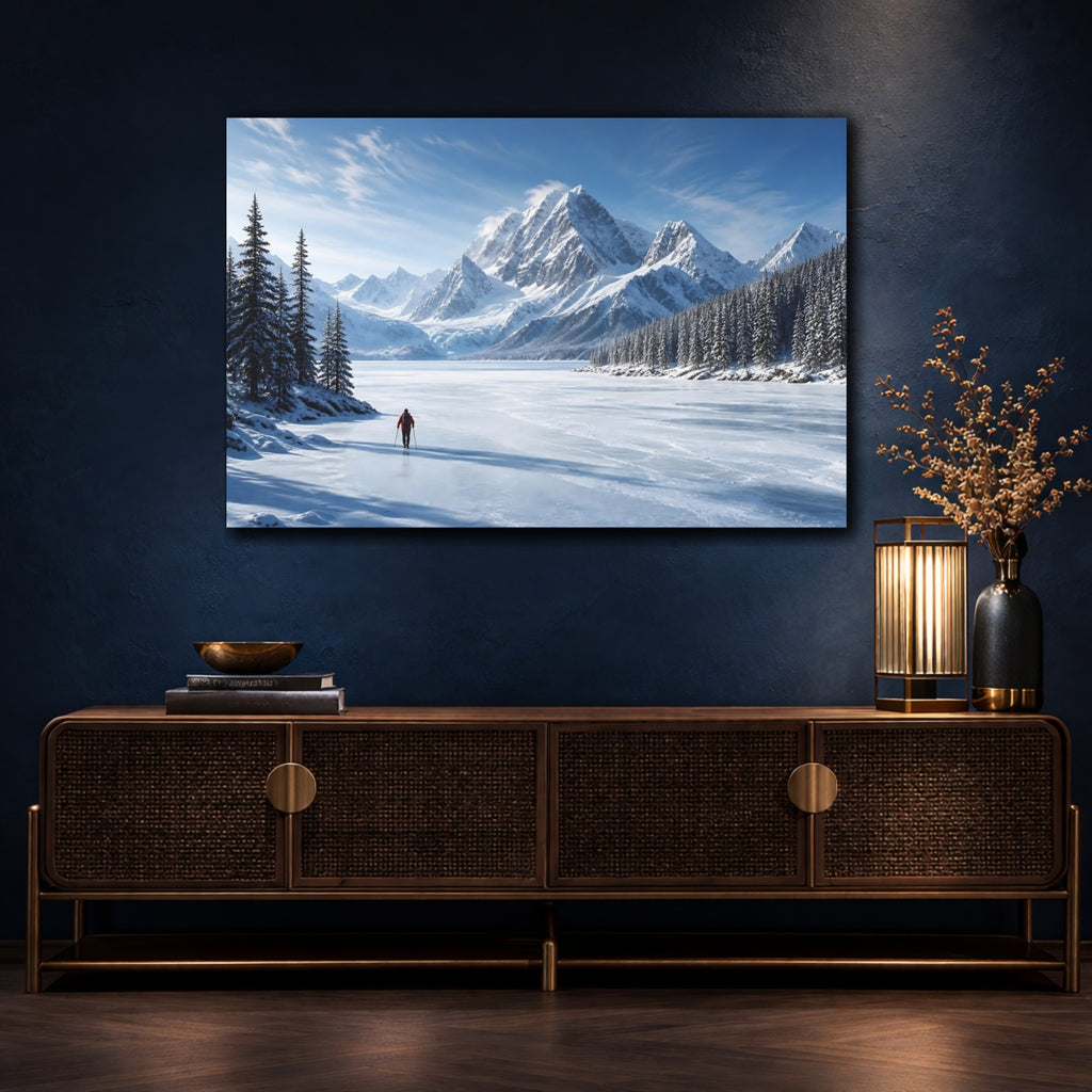 Mockup 4. Nature Winter Mountains Blue And White shown as stretched canvas wall art