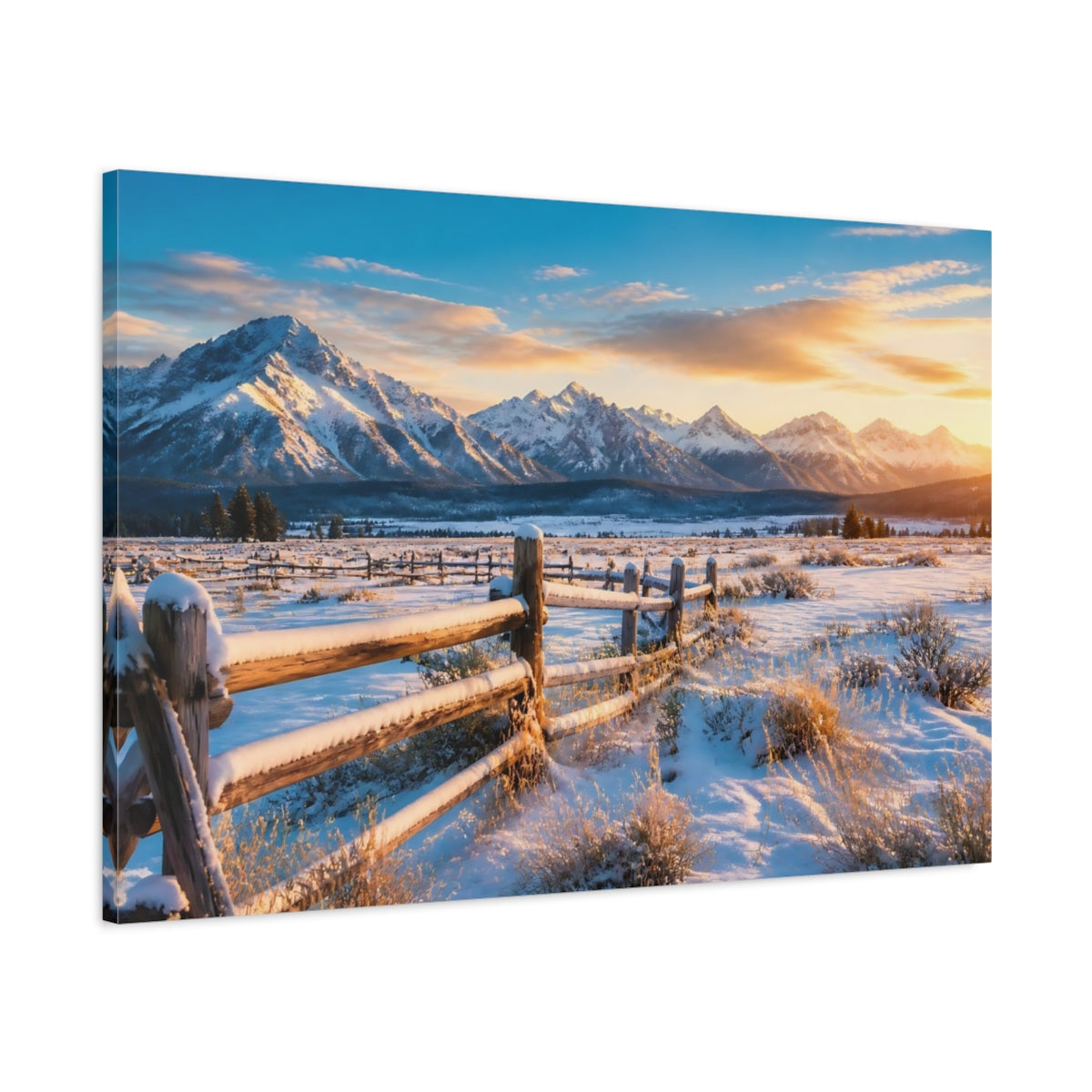 Main Mockup. Nature Winter Mountains Snowy Mountain Sunrise shown as stretched canvas wall art