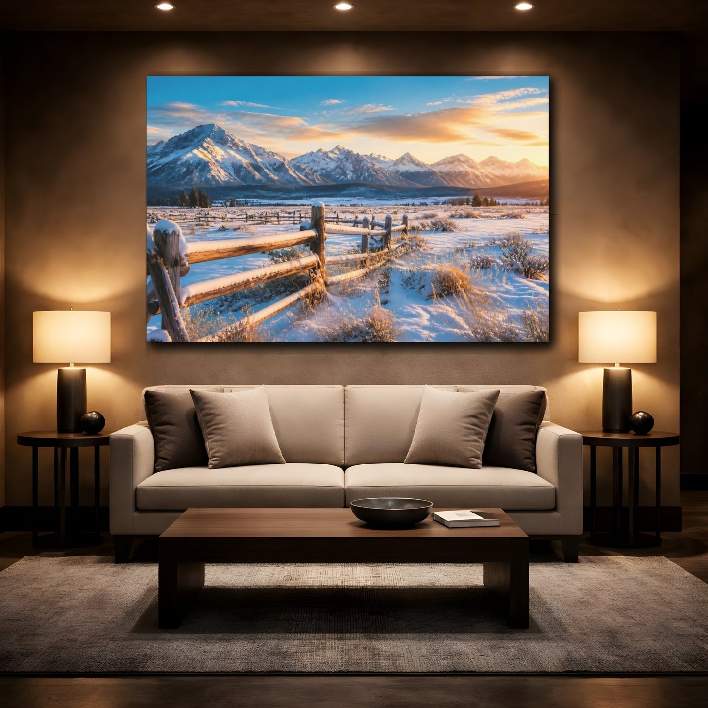 Mockup 2. Nature Winter Mountains Snowy Mountain Sunrise shown as stretched canvas wall art