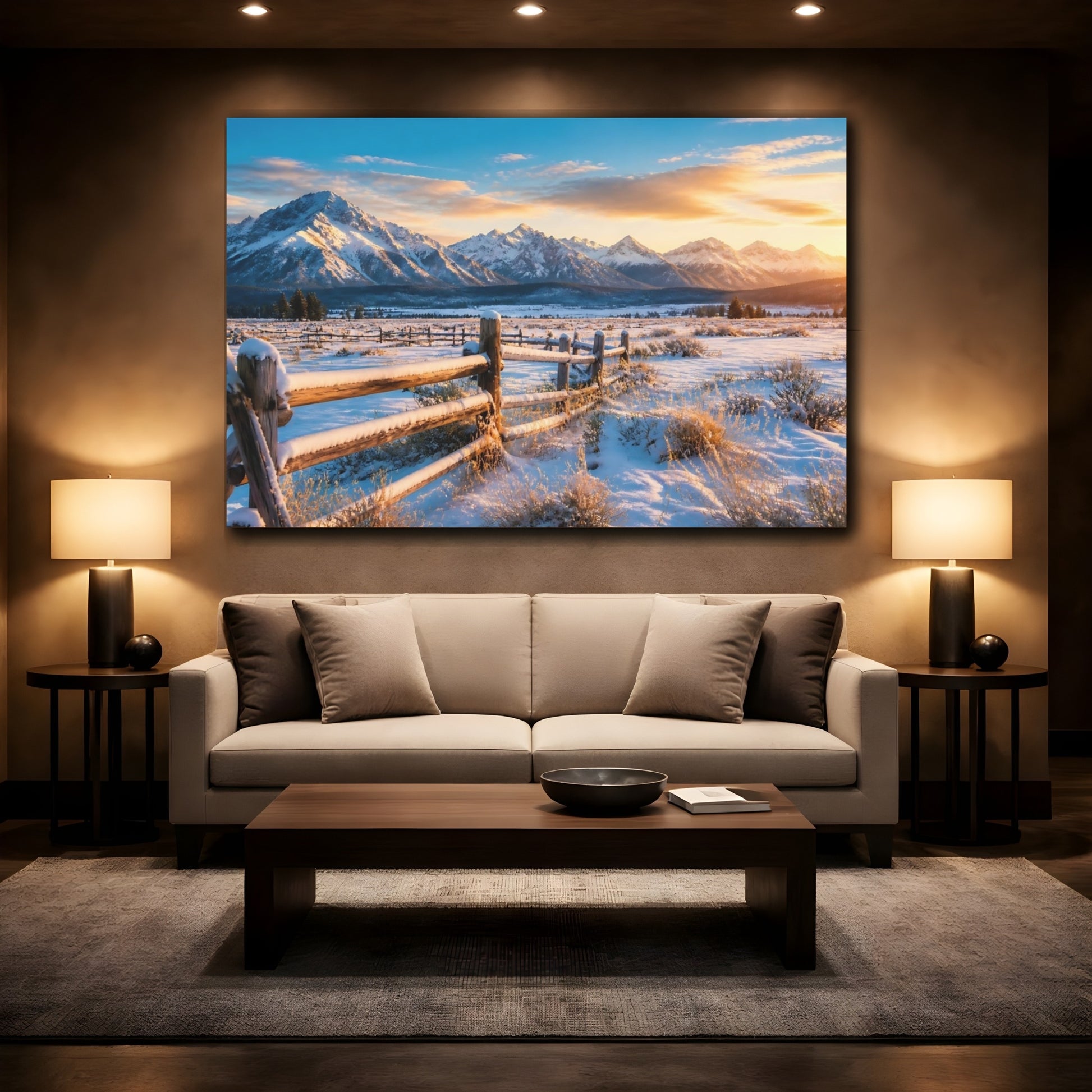 Mockup 2. Nature Winter Mountains Snowy Mountain Sunrise shown as stretched canvas wall art